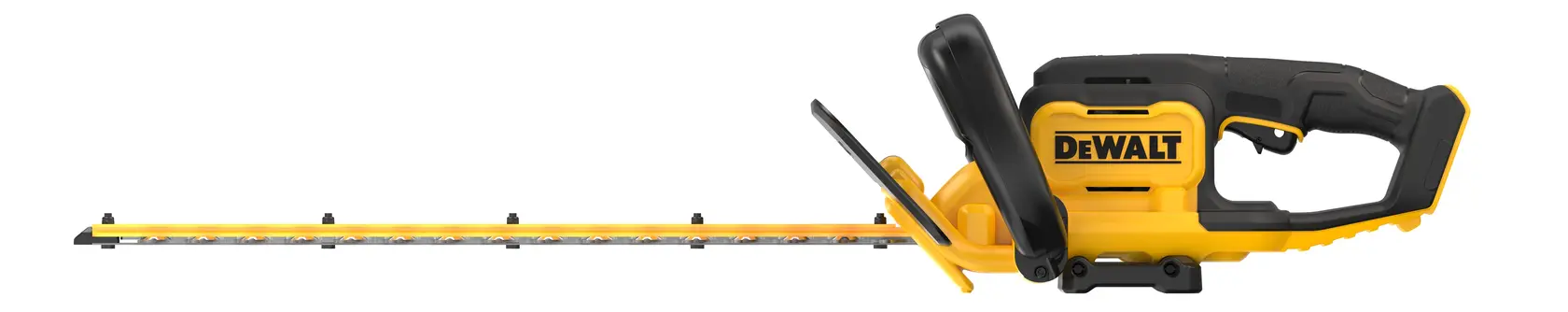Tagliasiepi senza fili giallo e nero con impugnatura ergonomica DEWALT, su sfondo bianco.