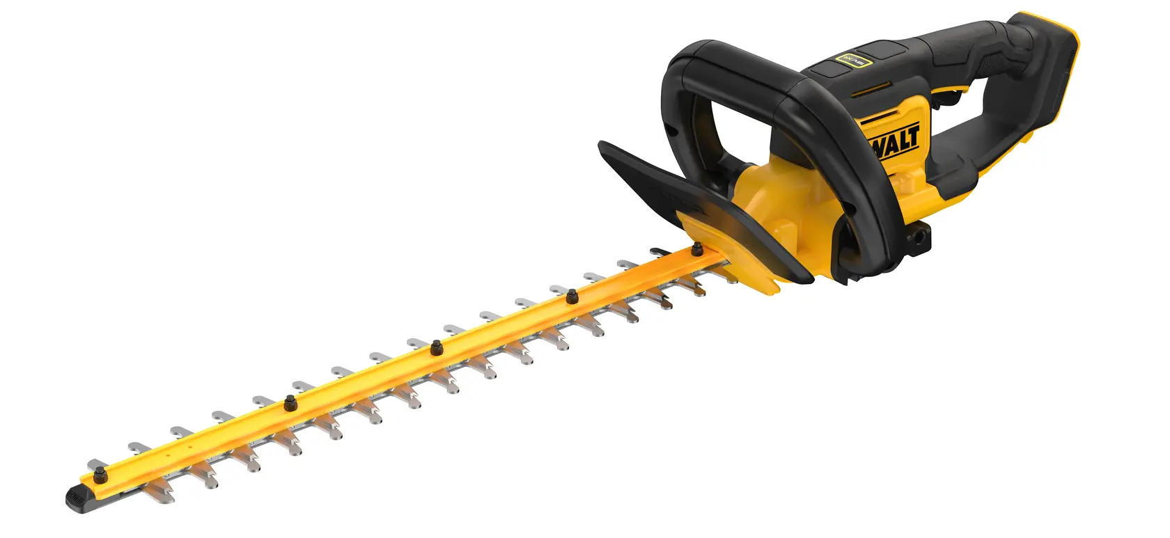 Tagliasiepi cordless DEWALT con impugnatura gialla e nera e lama lunga su sfondo bianco.
