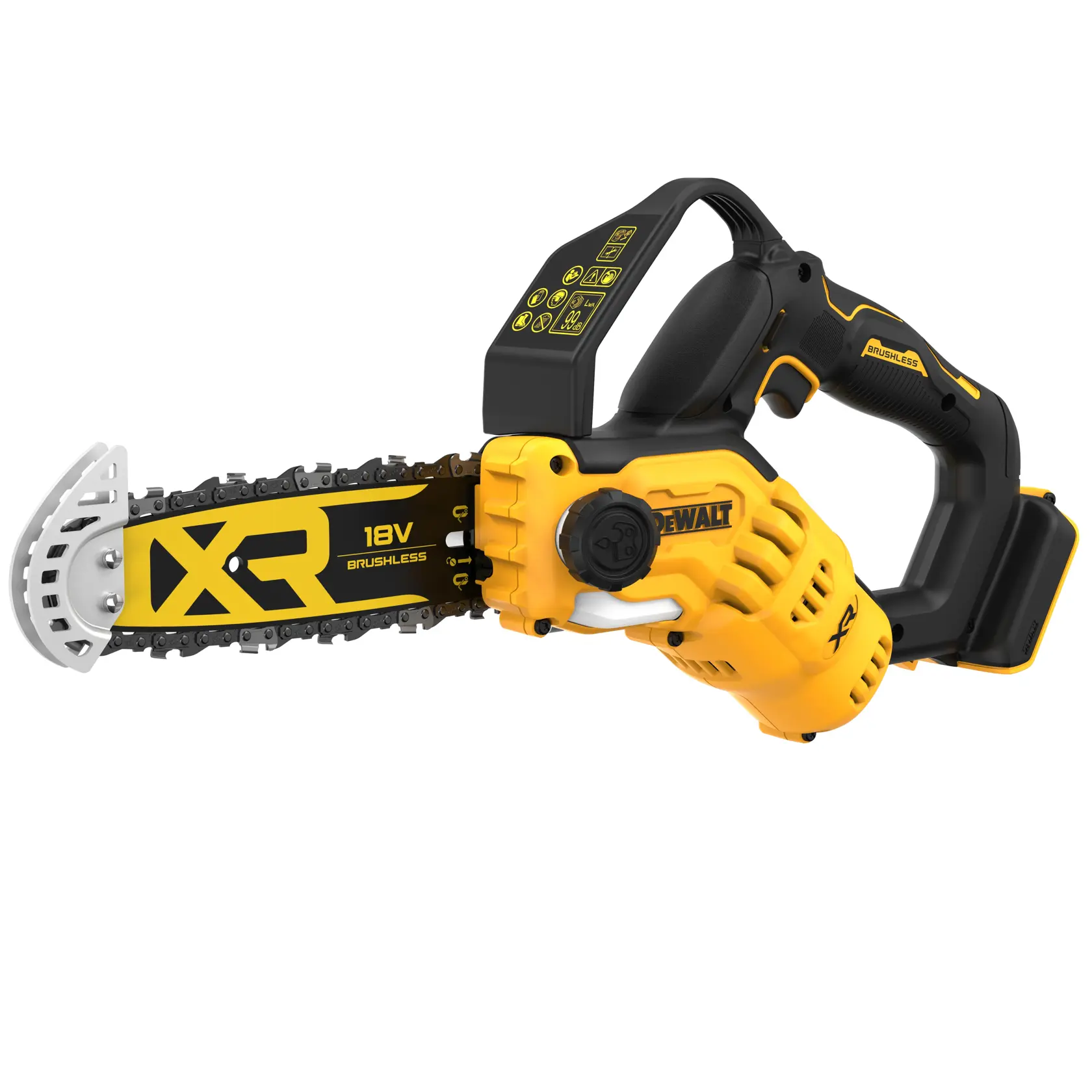 Una motosega a batteria DEWALT XR 18V brushless di colore giallo e nero è mostrata su sfondo bianco.