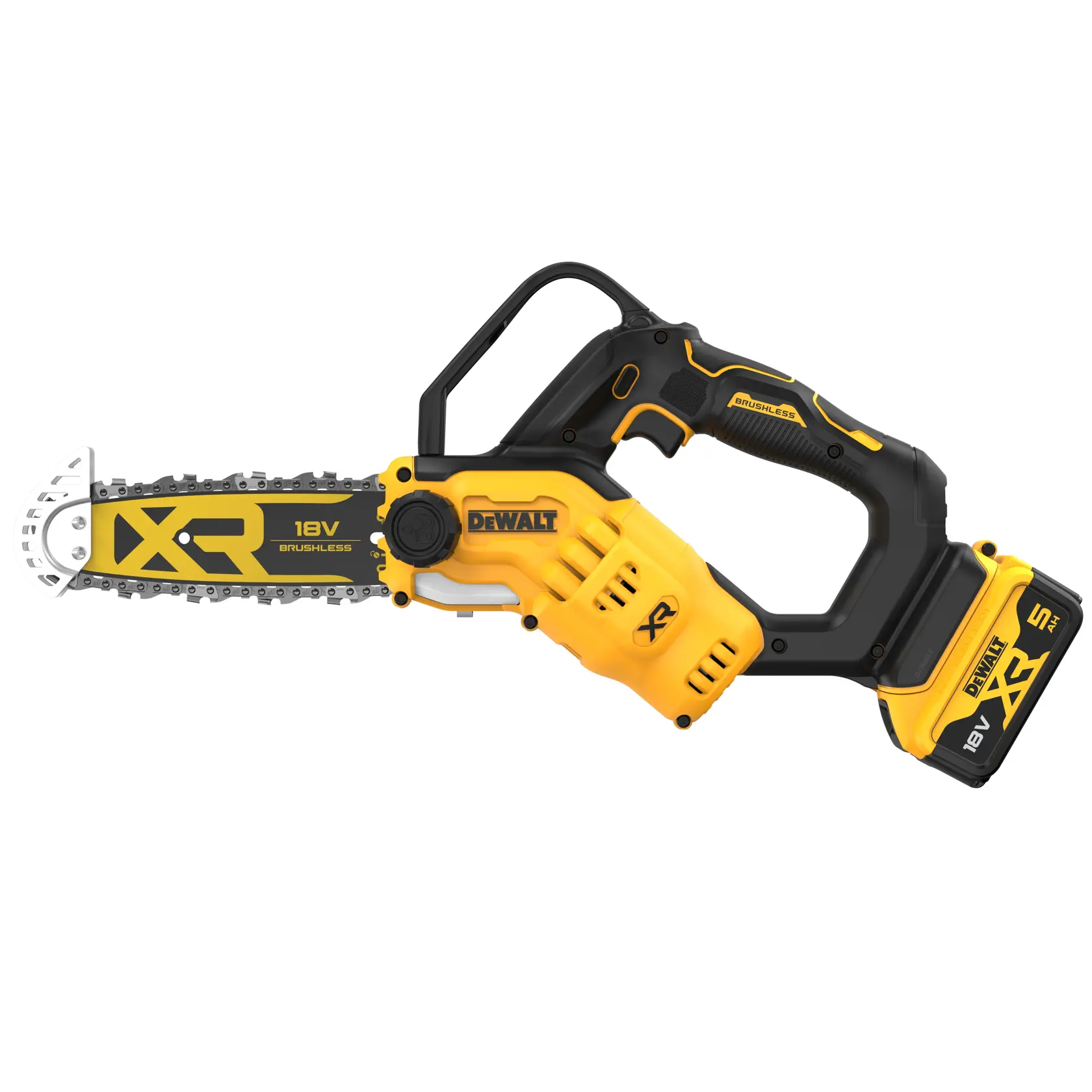Elettrosega a catena per potatura 20 cm XR 18V motore BRUSHLESS, lunghezza barra 20 cm, : 1 batteria XR 18V 5Ah, caricabatterie, coprilama, chiave servizio.