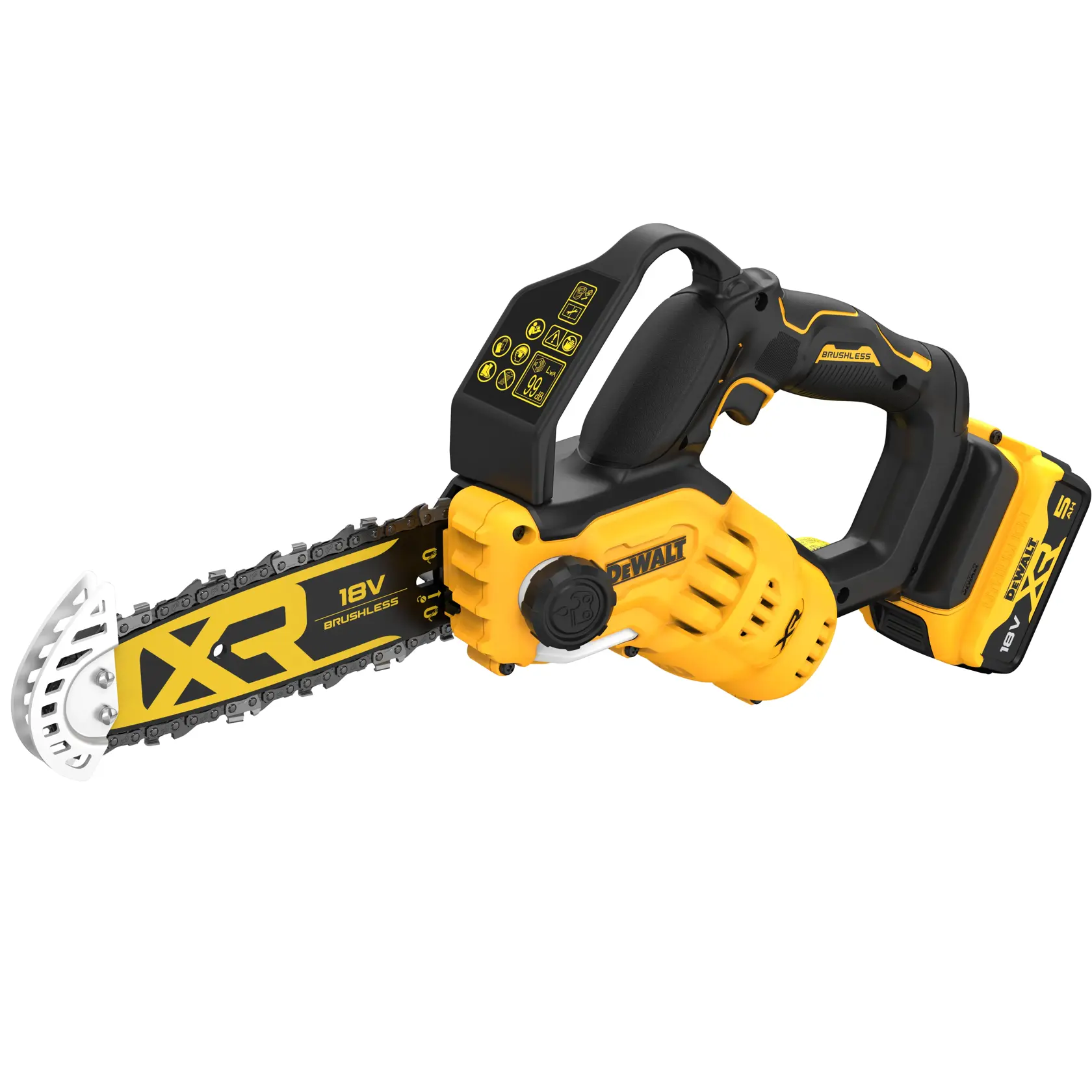 Elettrosega a catena per potatura 20 cm XR 18V motore BRUSHLESS, lunghezza barra 20 cm, : 1 batteria XR 18V 5Ah, caricabatterie, coprilama, chiave servizio.
