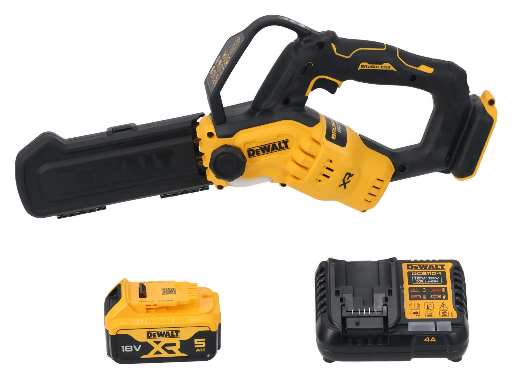 Set motosega a batteria DEWALT con caricabatteria, gialla e nera, modello DCMPS520P1.