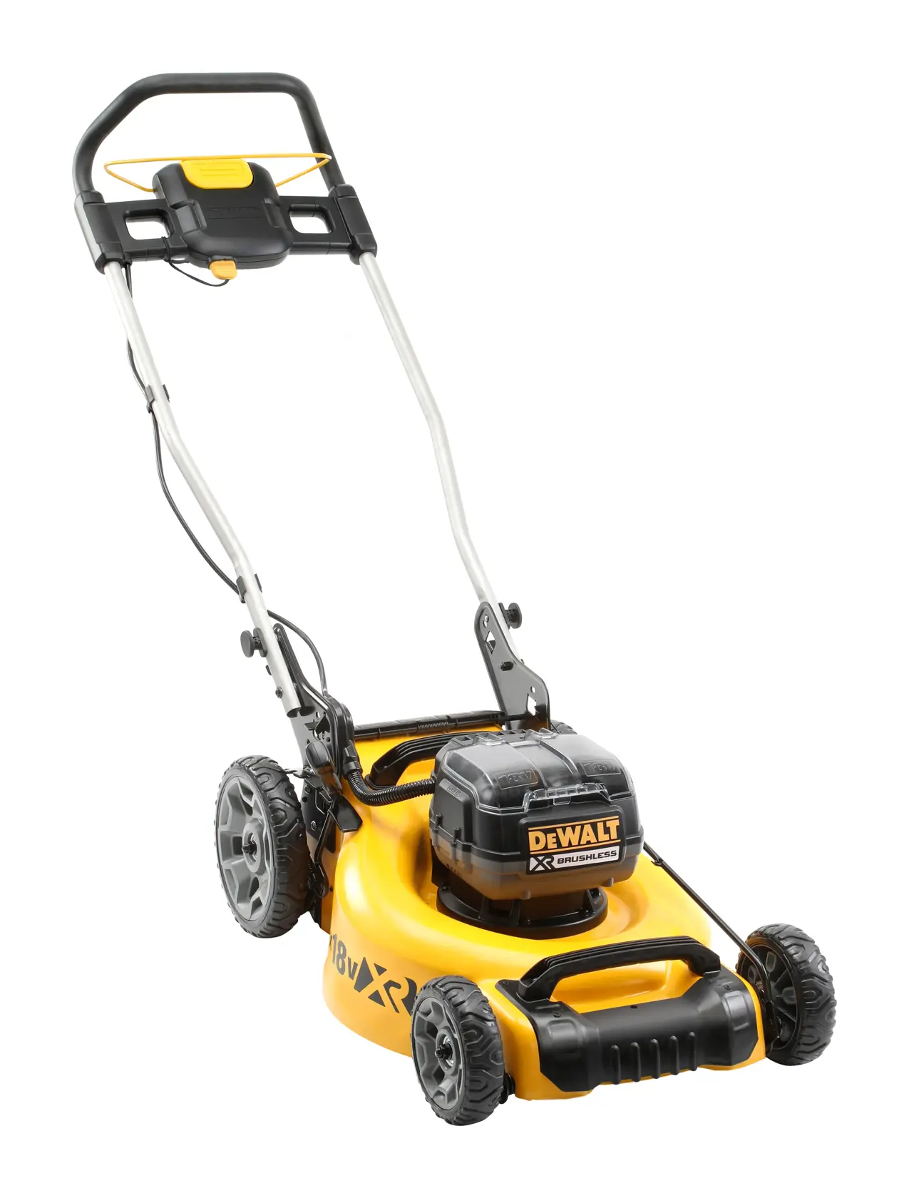 Tagliaerba giallo DEWALT senza fili con quattro ruote e manico, mostrato su sfondo bianco.