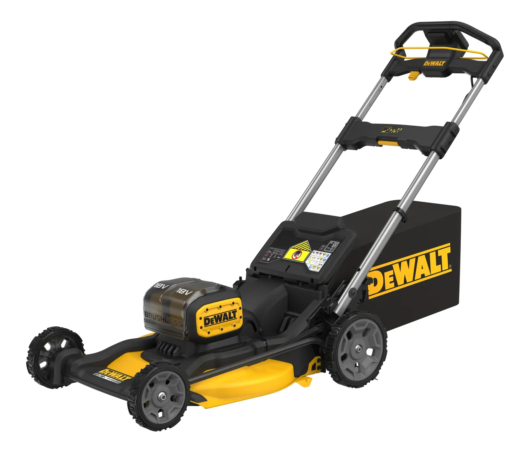 Tagliaerba a batteria DEWALT nero e giallo con ruote grandi e scatola di raccolta posteriore.