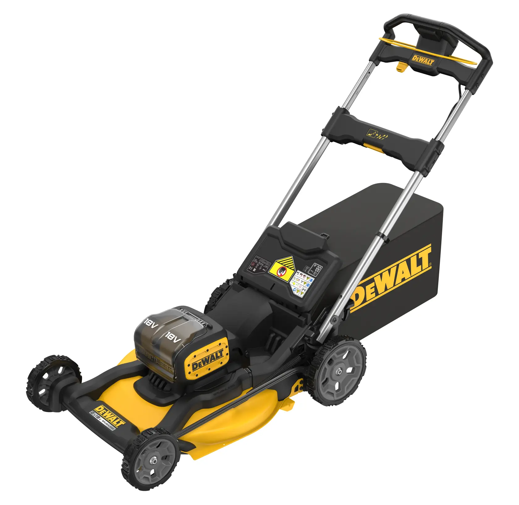 Rasaerba a spinta XR 18Vx2, motore BRUSHLESS, funzionamento doppia batteria con output 36V, ampiezza taglio 53cm Ø 53 cm ad alta efficienza, Motore brushless autosensing a trasmissione diretta. Senza batteria e caricabatteria.