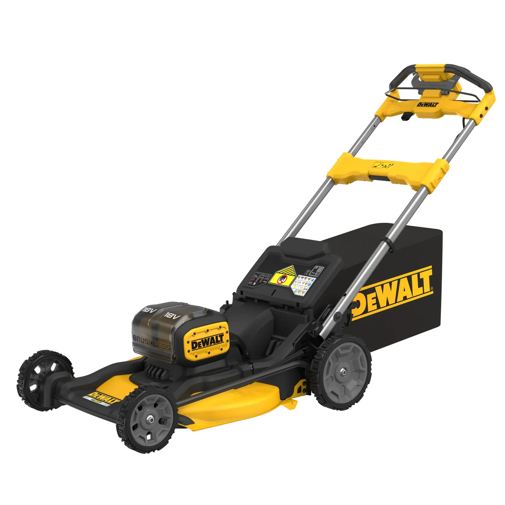 Tagliaerba a batteria DEWALT giallo e nero con manico regolabile.