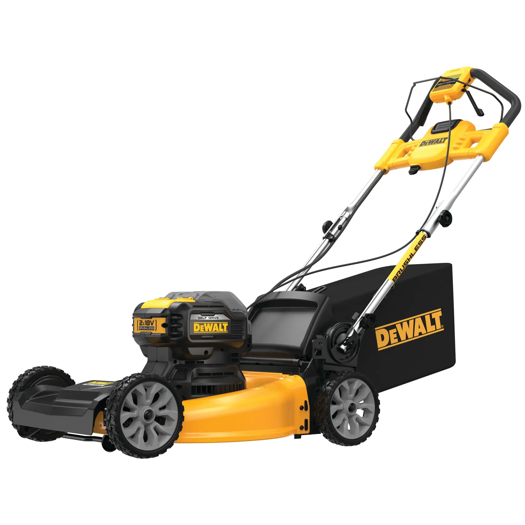 Tosaerba senza fili DEWALT con design giallo e nero, grande sacco posteriore per la raccolta dell'erba e manico ergonomico.
