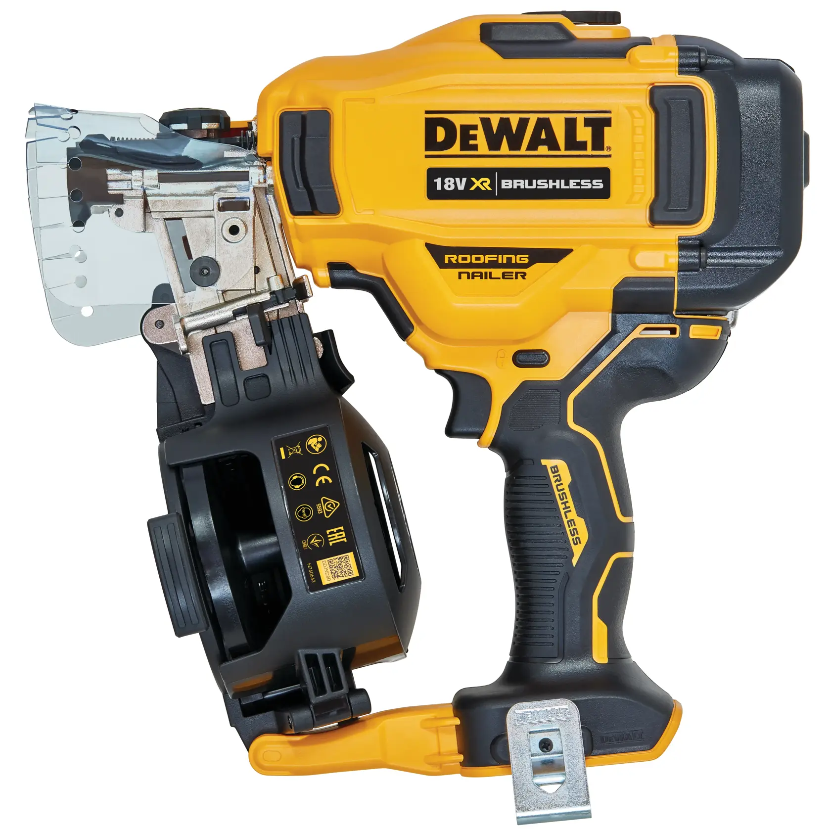 Chiodatrice per tetti DEWALT 18V XR brushless gialla e nera, vista laterale.