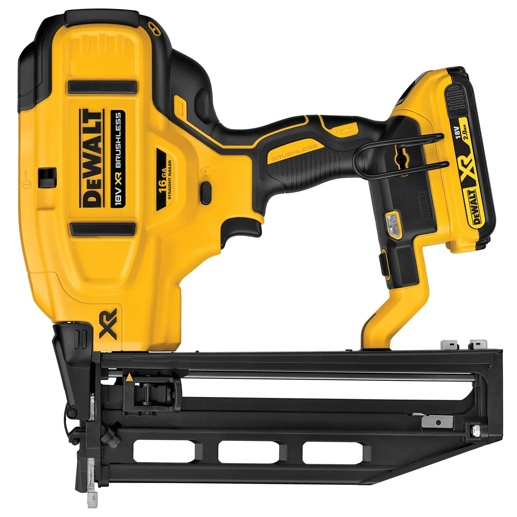 Chiodatrice DEWALT 18V XR brushless, gialla e nera, 16 gauge con batteria, vista laterale.