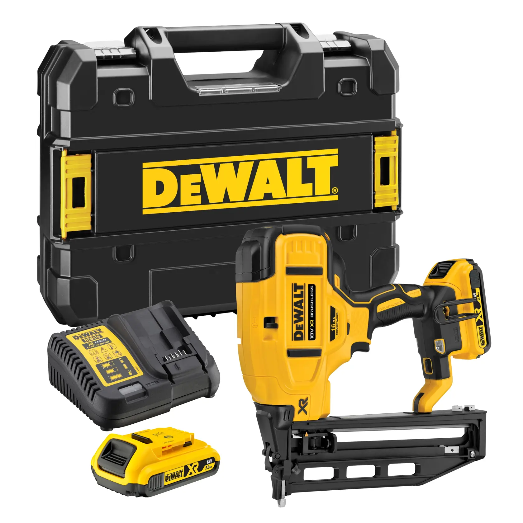 Kit chiodatrice DEWALT senza fili con utensile, batteria, caricatore e valigetta.