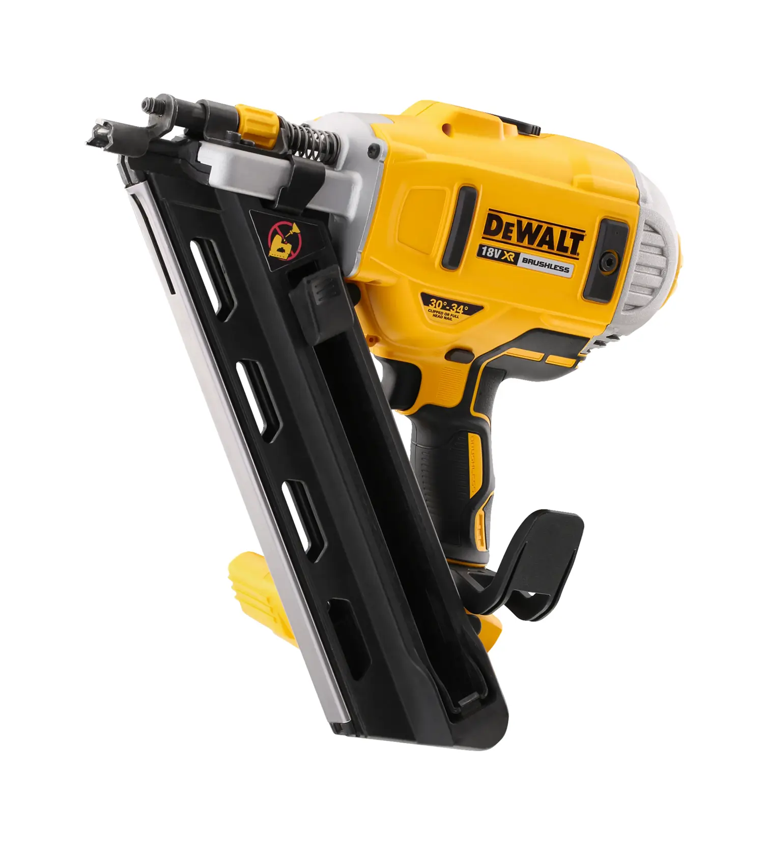 Chiodatrice DEWALT DCN692N 18V XR brushless per edilizia, mostrata su sfondo bianco.