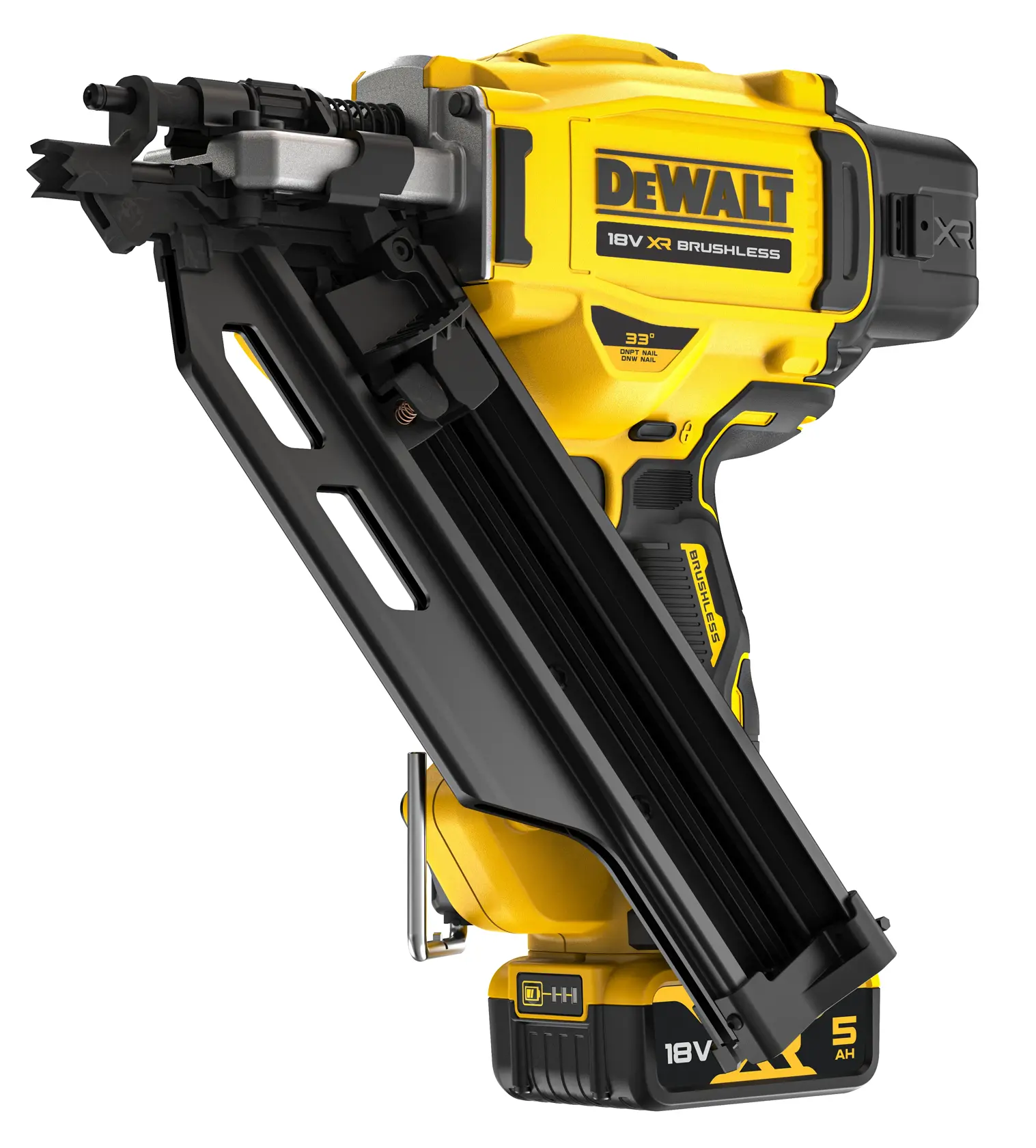 Chiodatrice DEWALT 18V XR brushless con caricatore nero e corpo giallo, vista laterale.