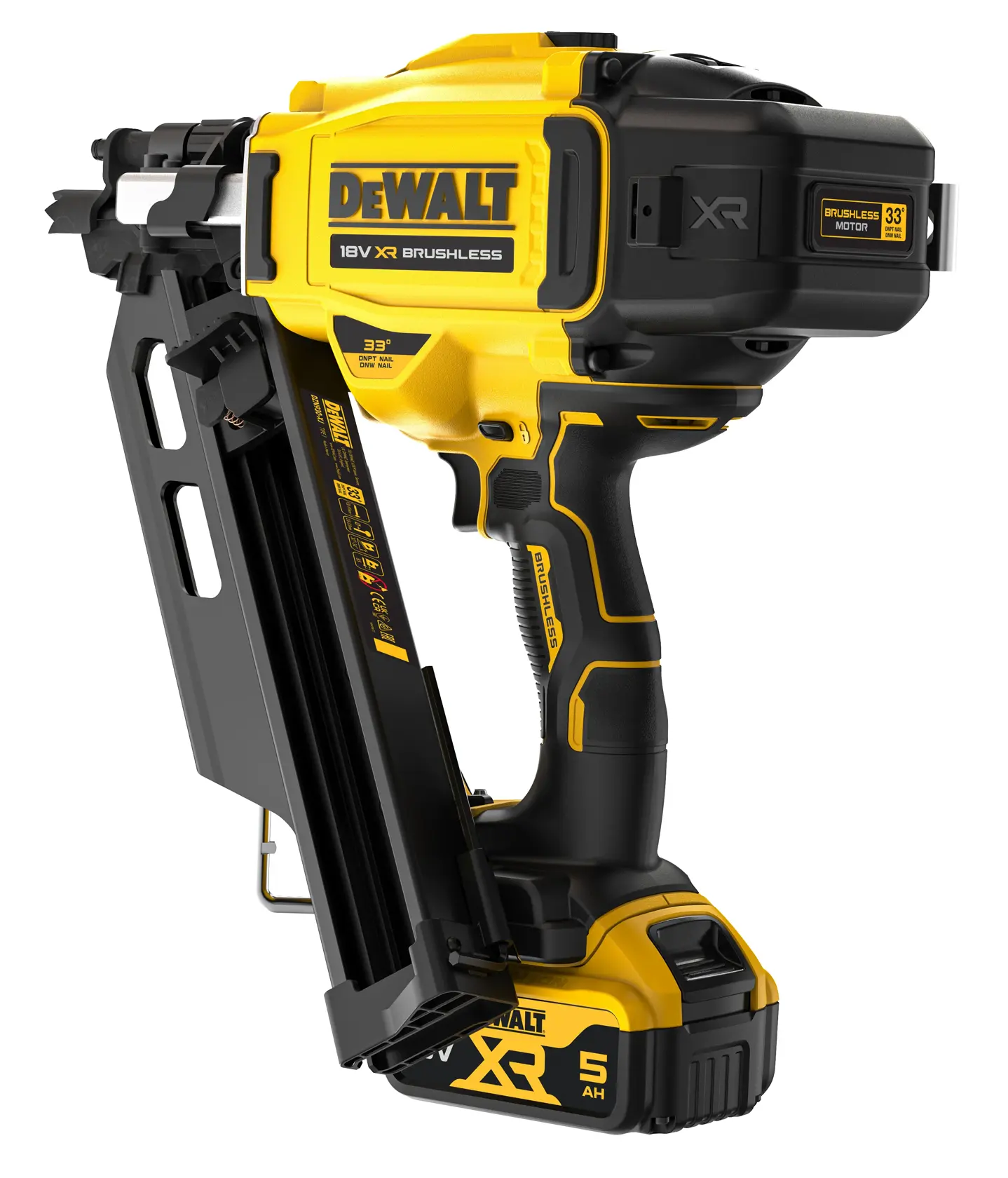 Chiodatrice per chiodi con testa a D, 18V. Motore BRUSHLESS 2 velocità. Caricatore in linea con angolo 30-34° - 2 x XR 18V 5Ah