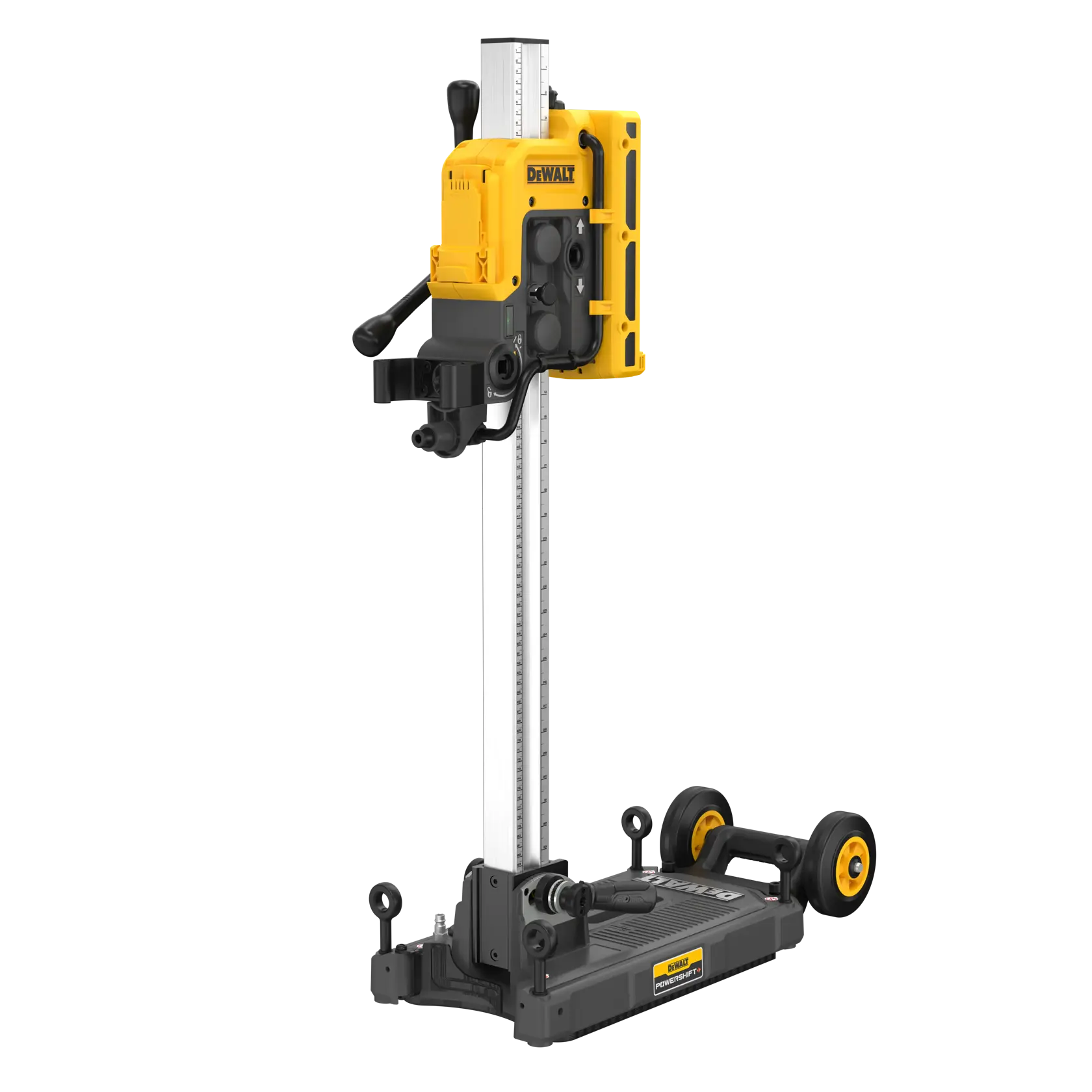 A DEWALT core drill machine with a yellow motor unit mounted on a vertical metal rail and a base with wheels for mobility.