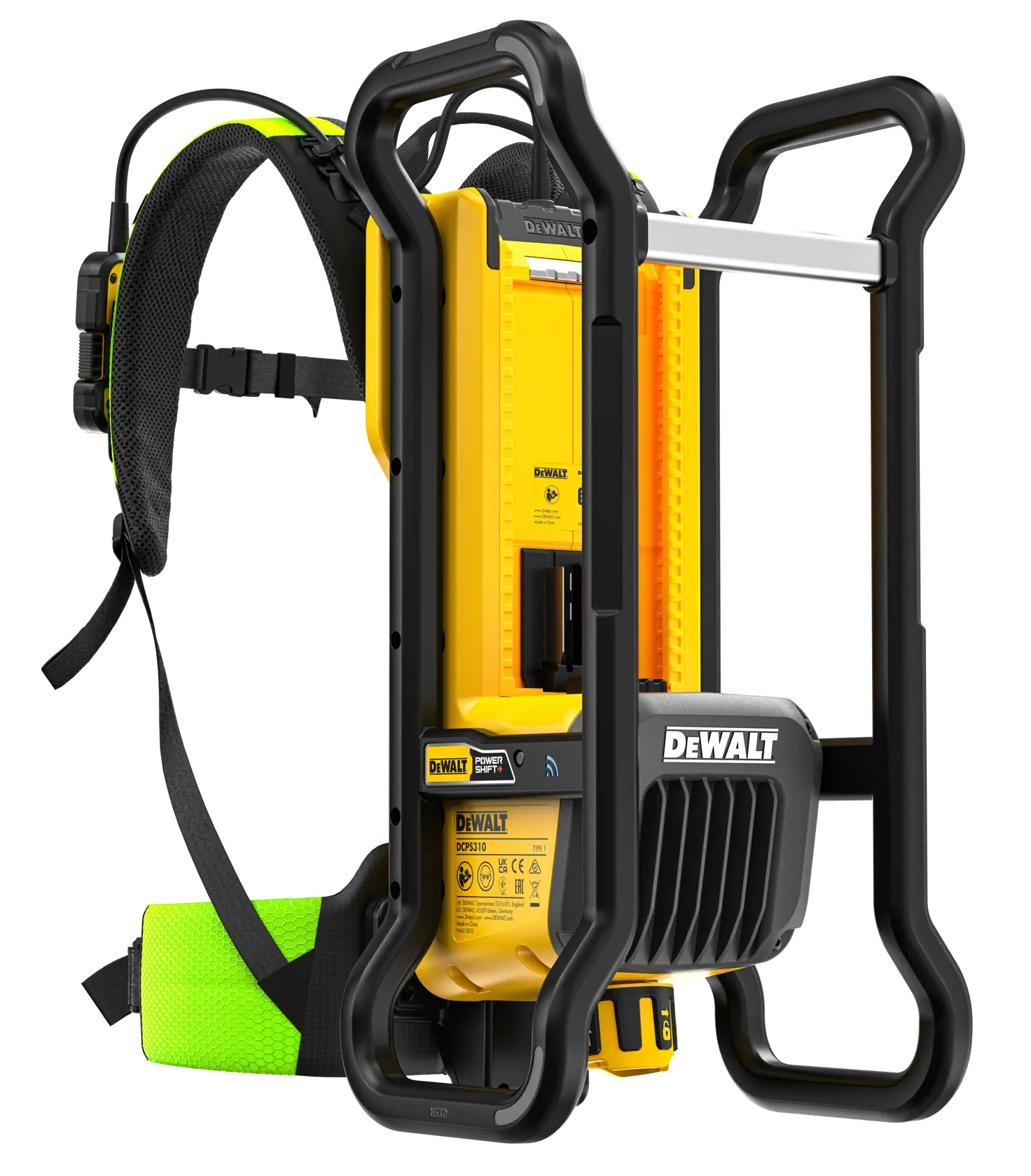 Utensile DEWALT DCPS310N giallo con telaio nero, imbracatura zaino e imbottitura verde.