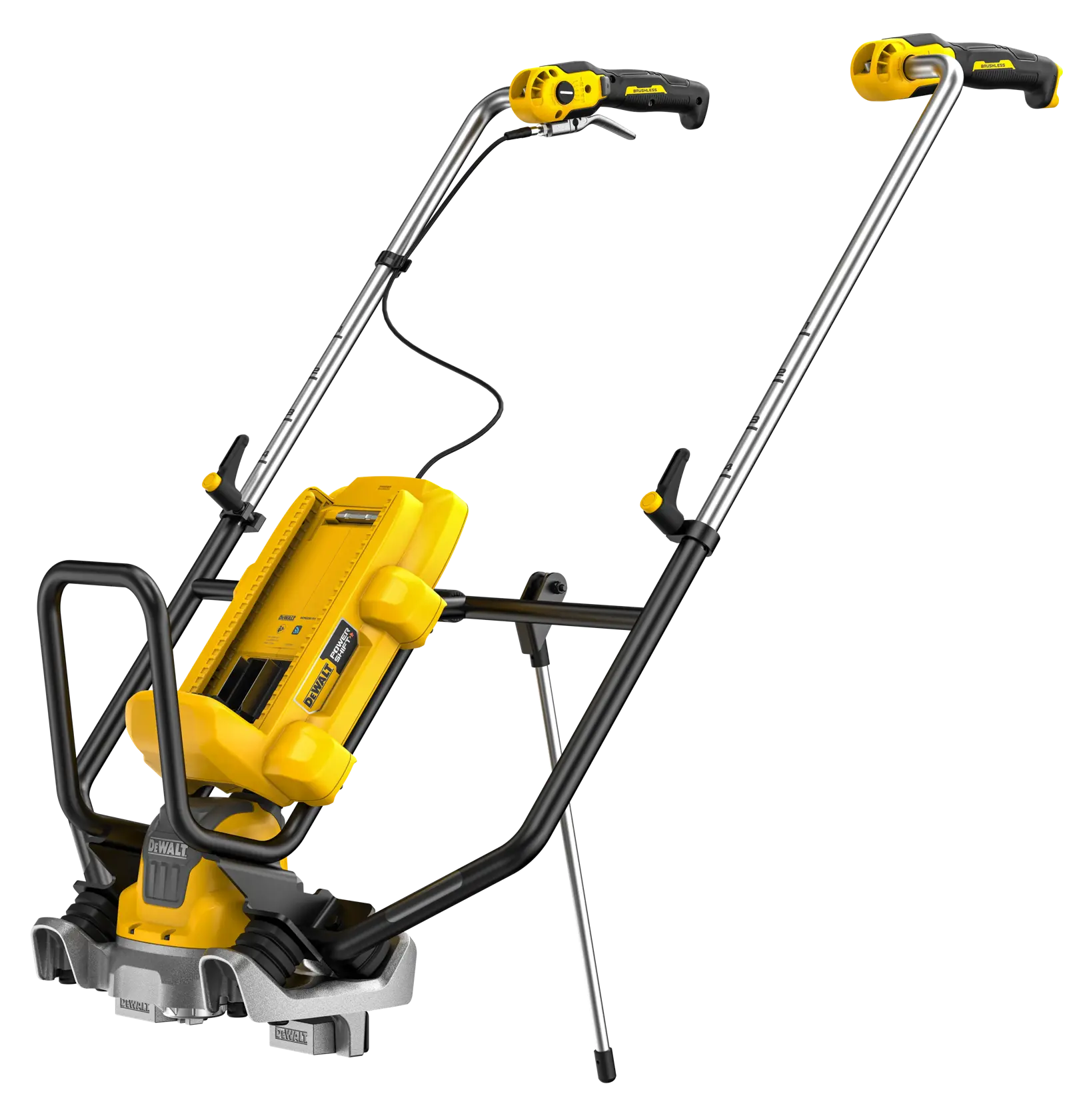 Dispositivo fotografico DEWALT senza fili con telaio giallo e nero, manici doppi e supporto regolabile.