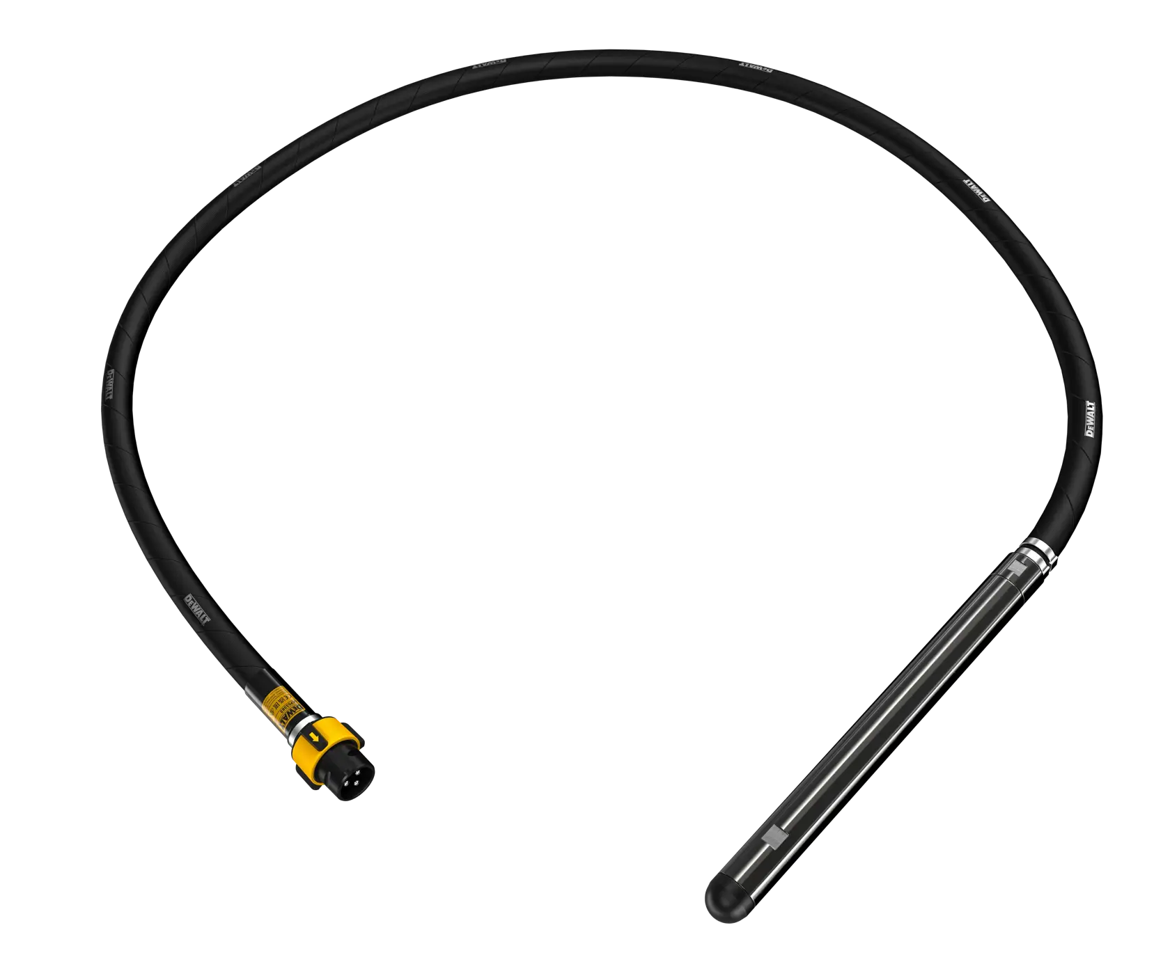 Un vibratore per calcestruzzo DEWALT DCPS3382 con un lungo albero flessibile nero e una testa vibrante cilindrica, fotografato su sfondo bianco.