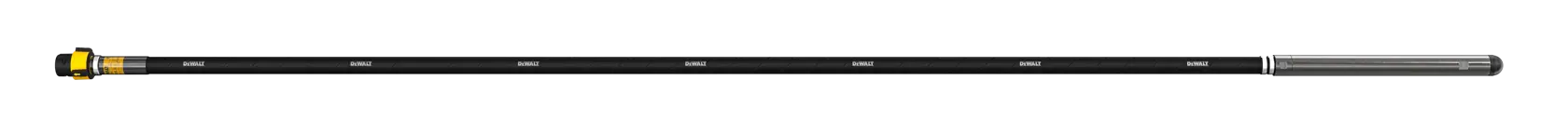 Un vibrateur à béton DEWALT DCPS3382 avec un long arbre flexible noir et une tête de vibration cylindrique, photographié sur fond blanc.