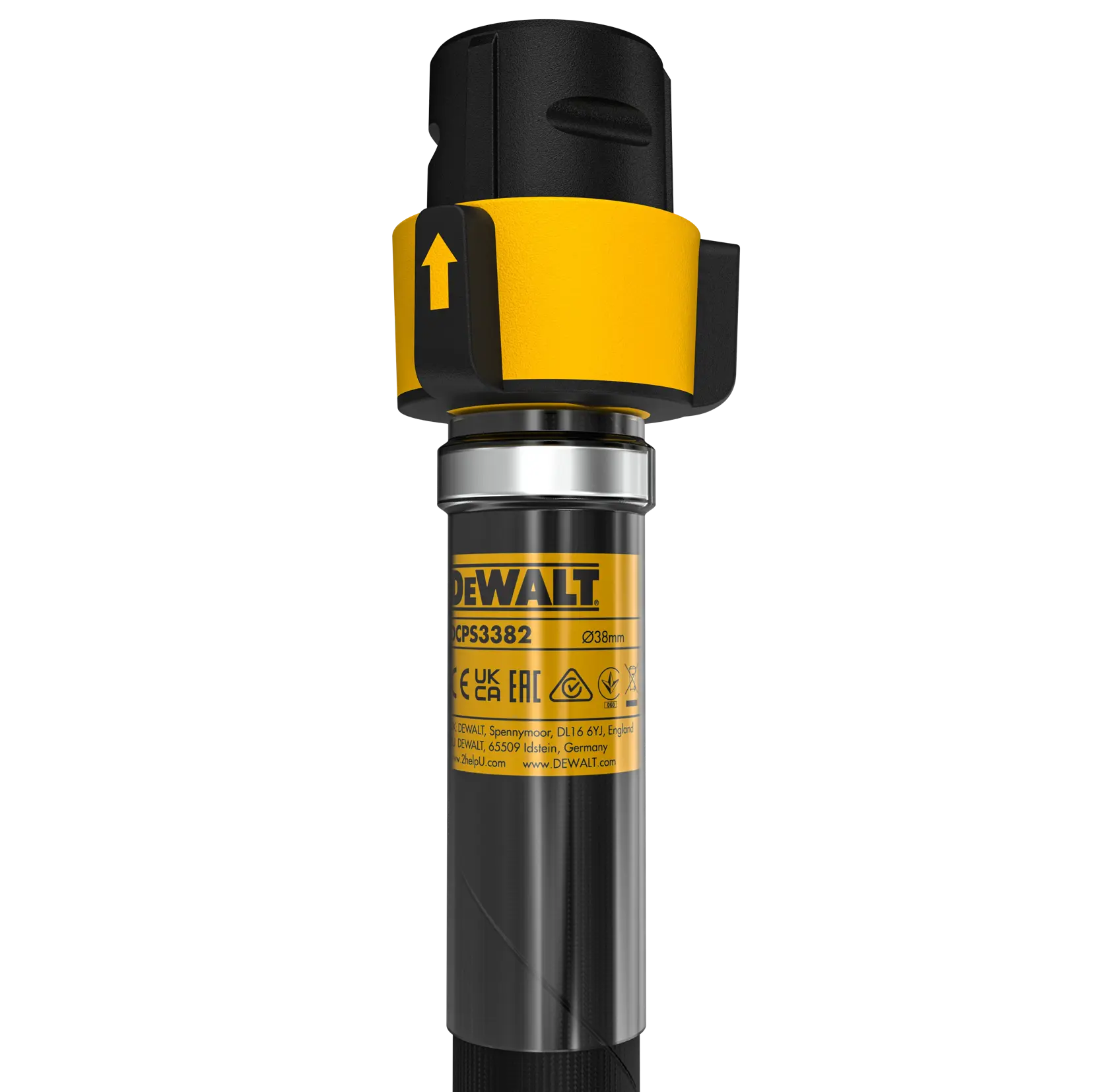 A DEWALT DCPS3382 concrete vibrator with a long flexible black shaft and a cylindrical vibrating head, photographed on a white background.