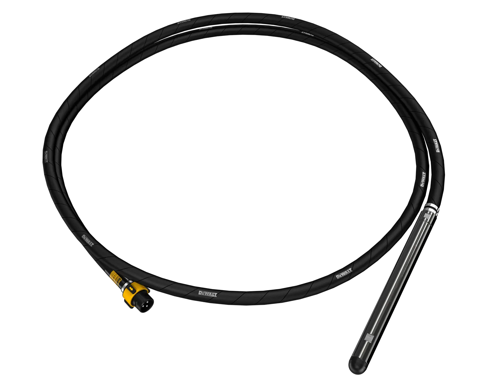 Vibratore cemento DEWALT: tubo nero flessibile con testa vibrante metallica e connettore su sfondo bianco.