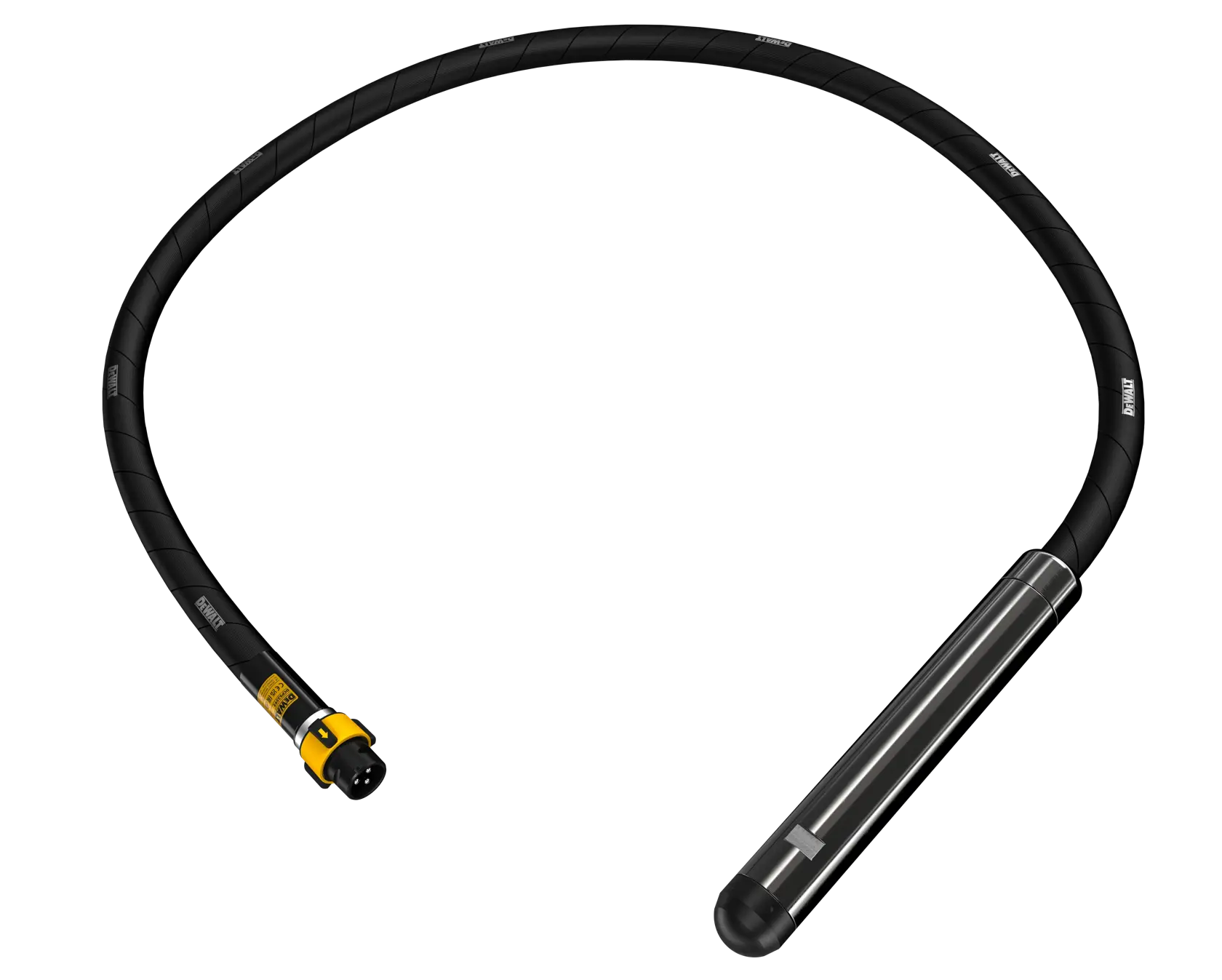 Un vibratore per calcestruzzo DEWALT con un lungo albero flessibile nero e una testa di vibrazione cilindrica in metallo, mostrato su sfondo bianco.