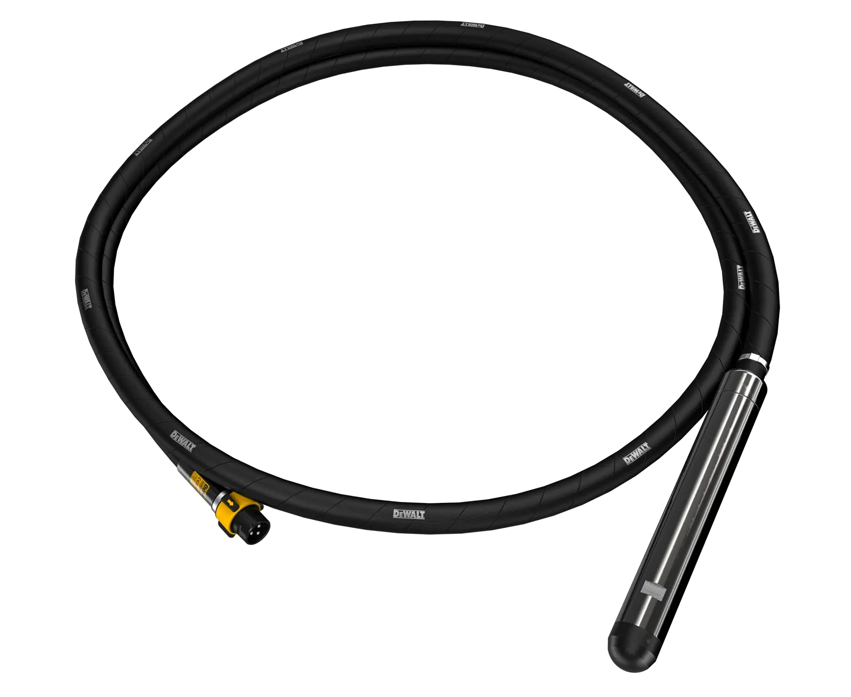 Un accessorio per vibratore per calcestruzzo DEWALT con un lungo tubo flessibile nero e una testa cilindrica metallica, mostrato arrotolato su uno sfondo bianco.