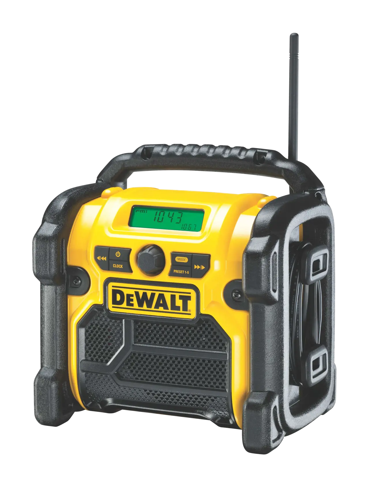 Una radio portatile da cantiere DEWALT con design robusto giallo e nero, display digitale, pulsanti di controllo, manico superiore e antenna.