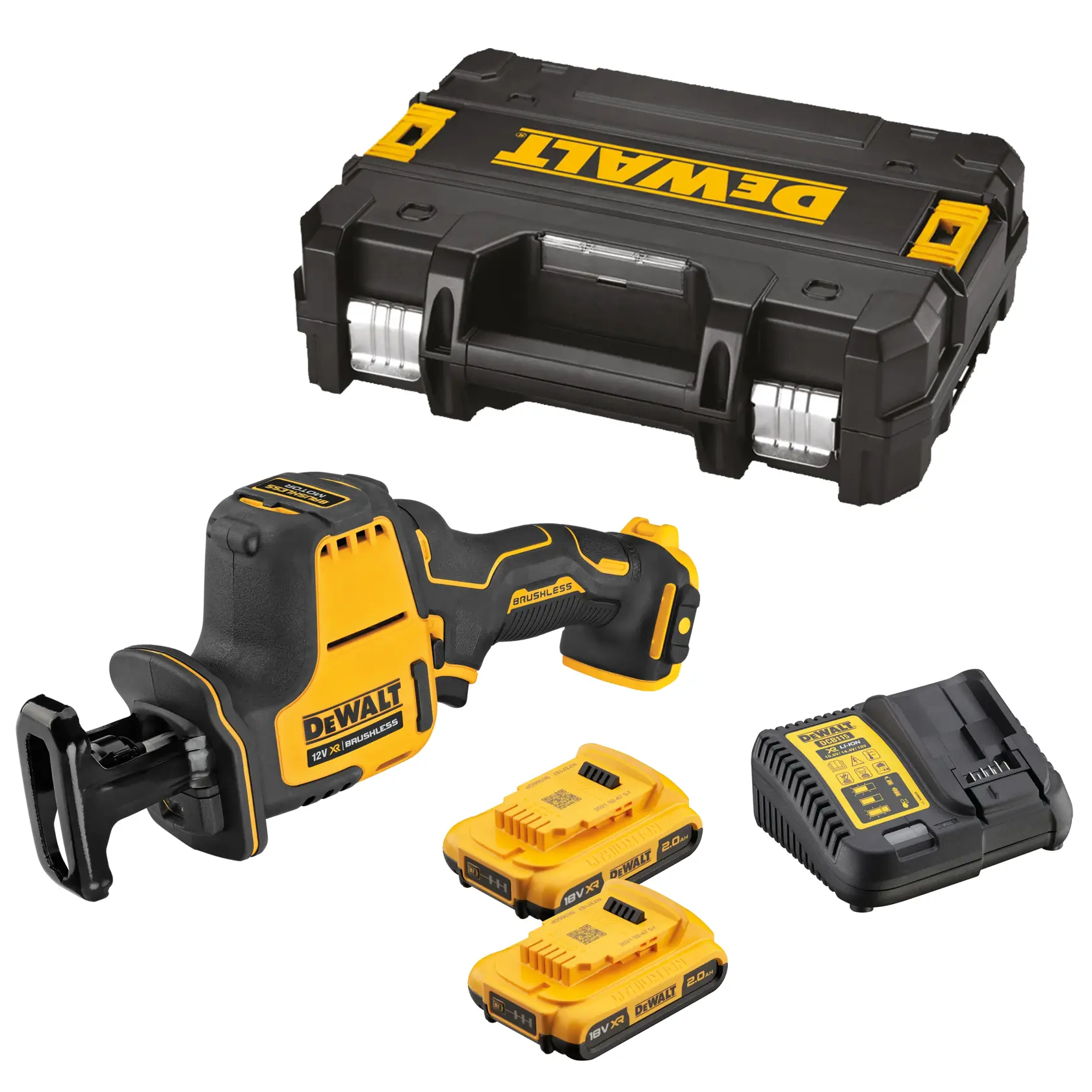 Logo DEWALT centrato su sfondo bianco.