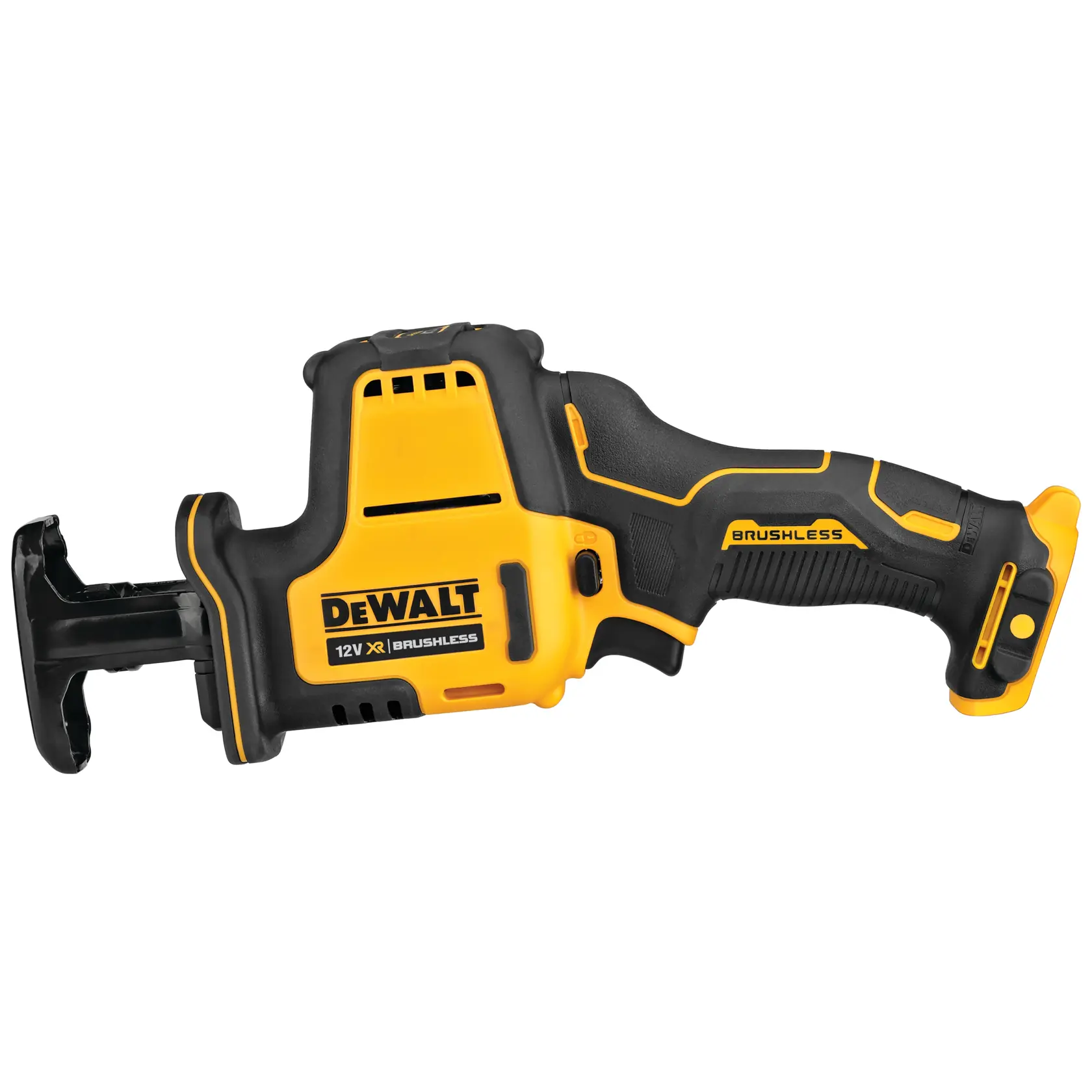 Sega reciproca DEWALT 12V a batteria, nera e gialla, vista laterale su sfondo bianco.