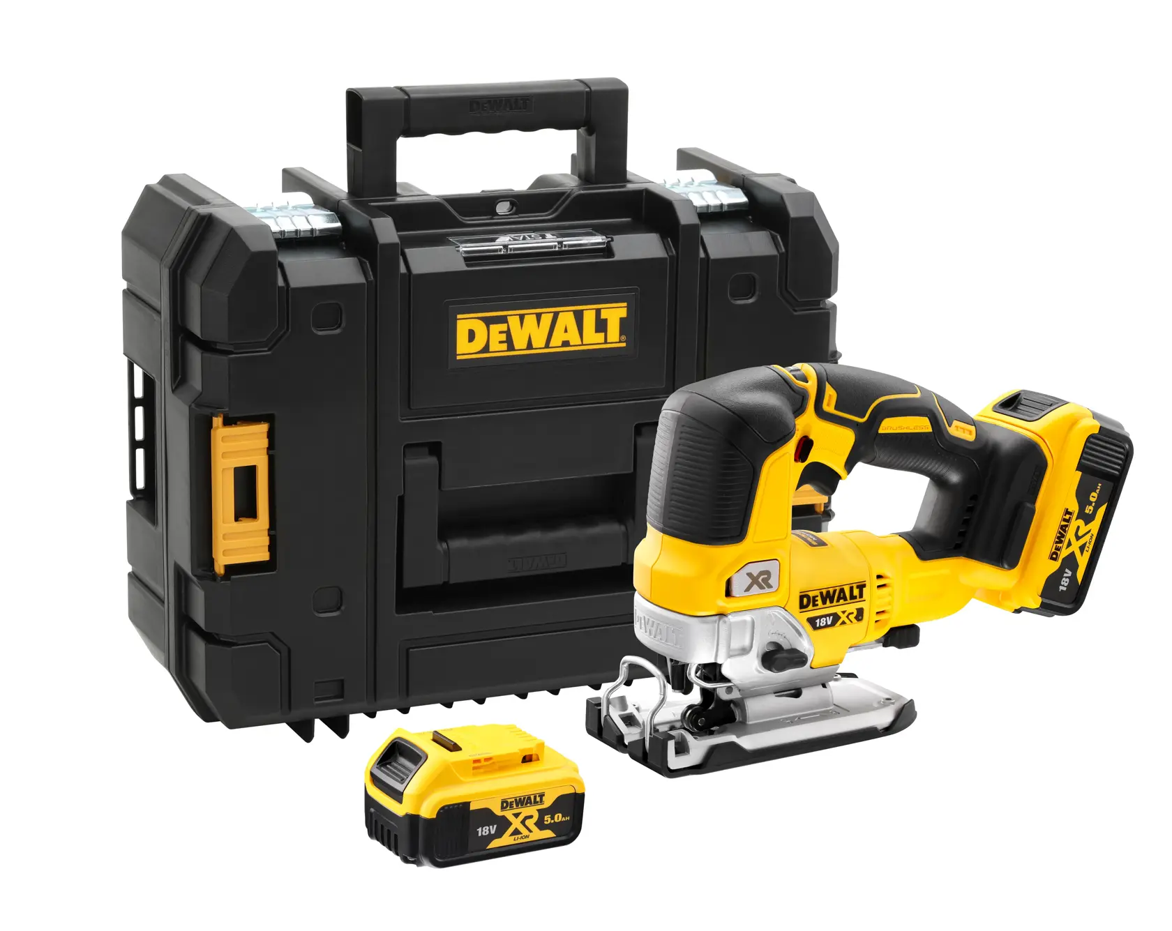 Logo DEWALT centrato su sfondo bianco.