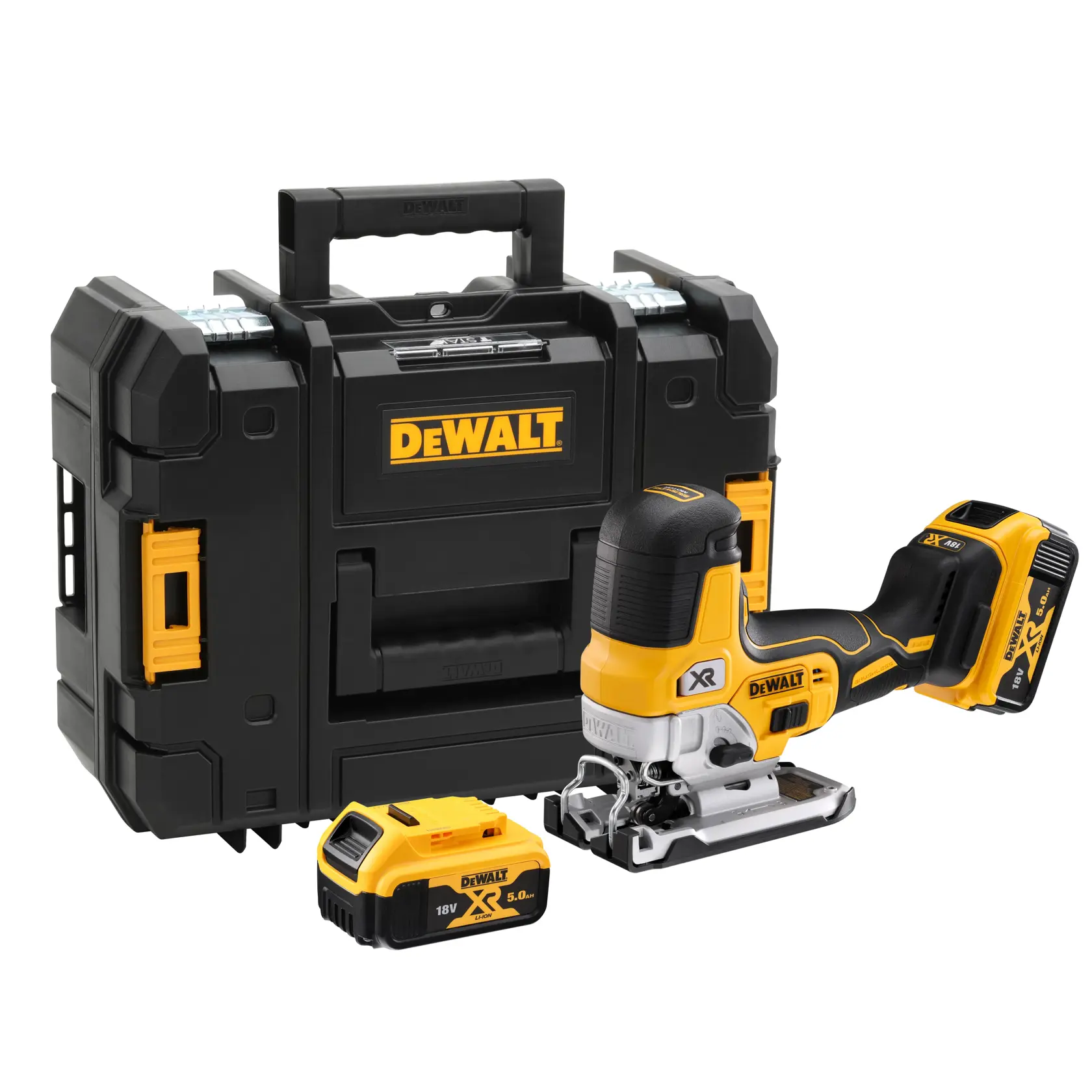 Set seghetto alternativo cordless DEWALT composto da un seghetto nero e giallo, due batterie XR al litio 18V e una valigetta nera robusta con marchio DEWALT.