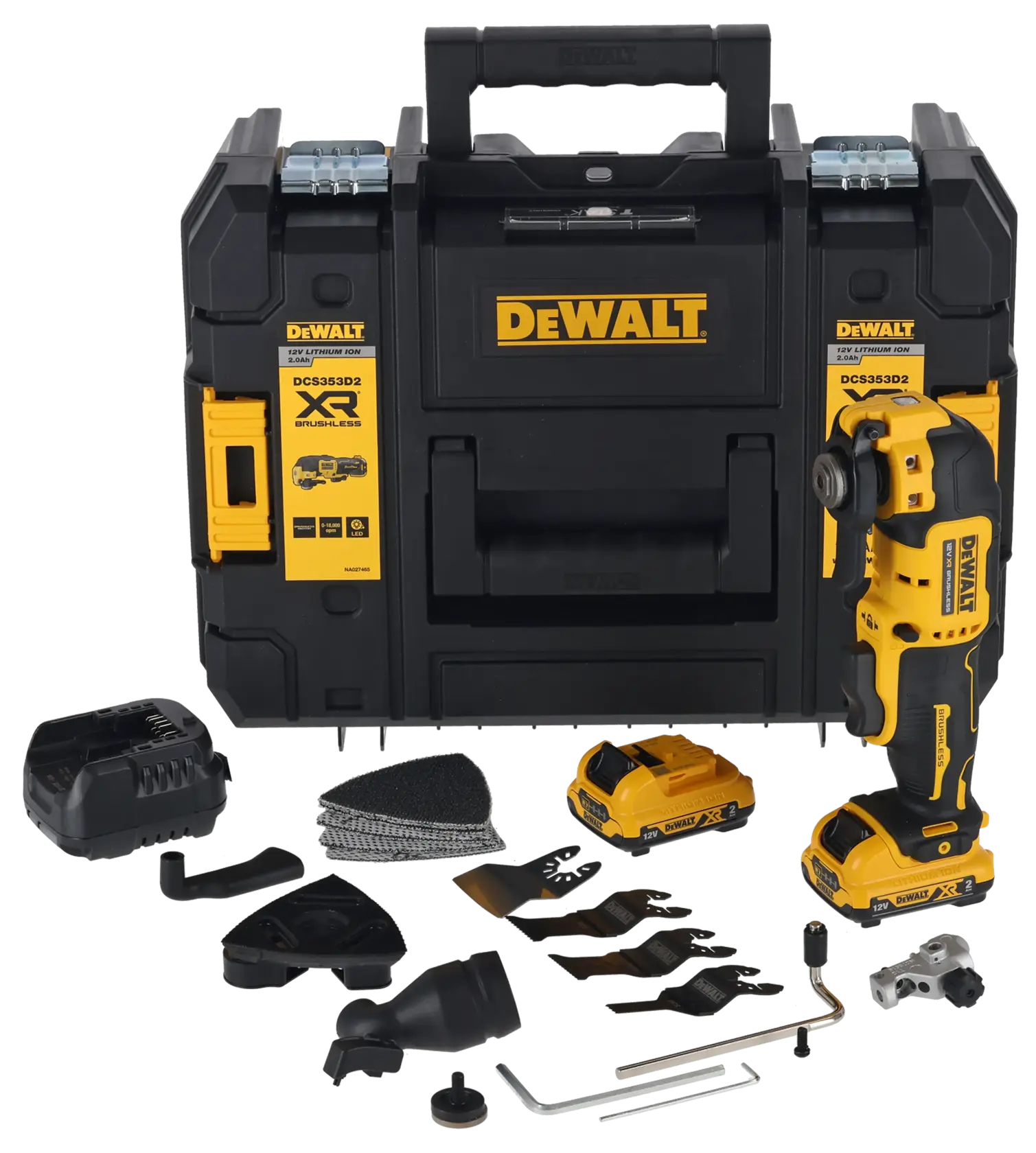 Kit utensile multifunzione oscillante a batteria DEWALT DCS353D2 brushless con valigetta nera e gialla, utensile, due batterie, caricatore, panni abrasivi, lame e vari accessori.
