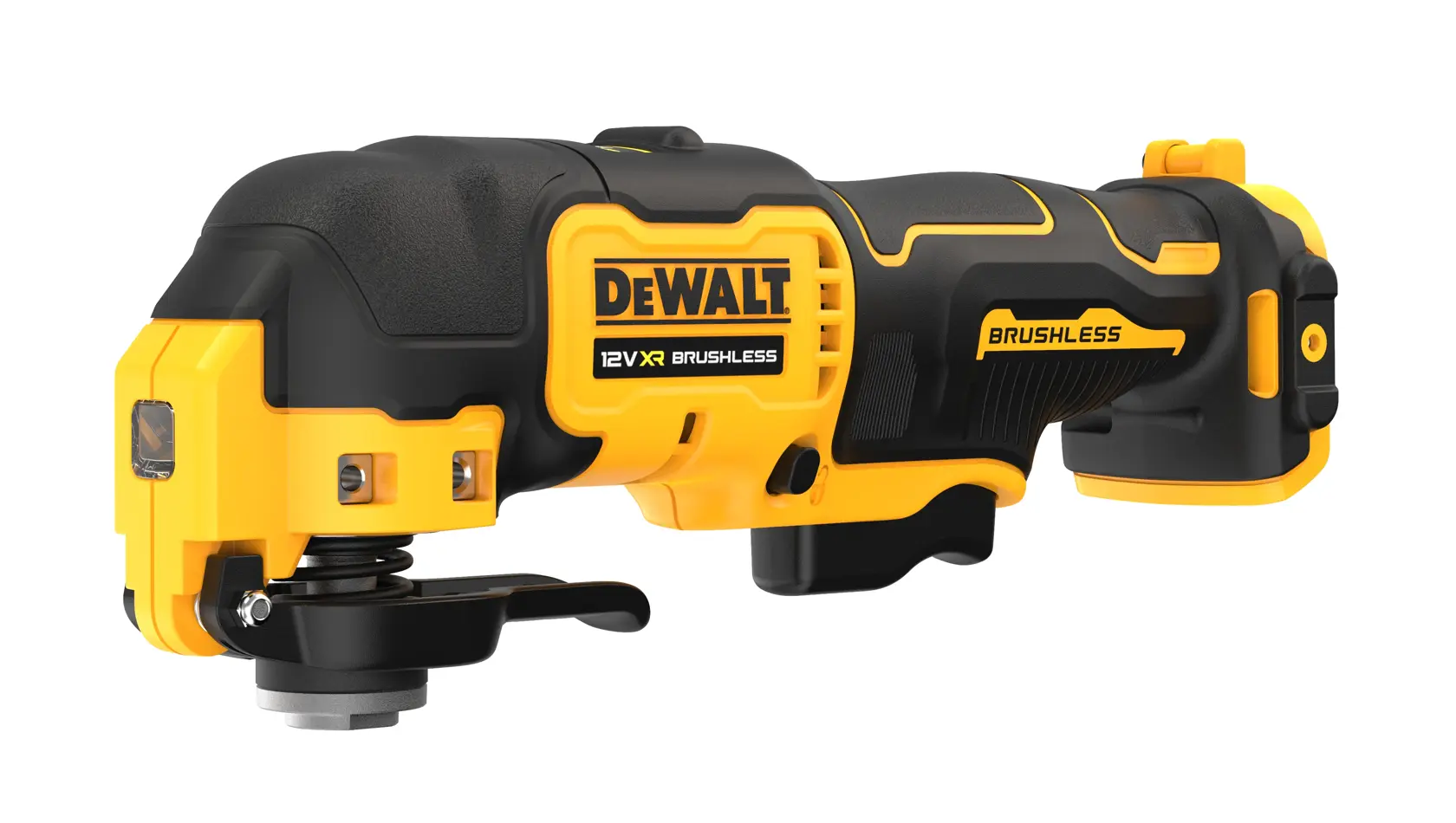 Utensile oscillante DEWALT 12V XR brushless giallo e nero su sfondo bianco.