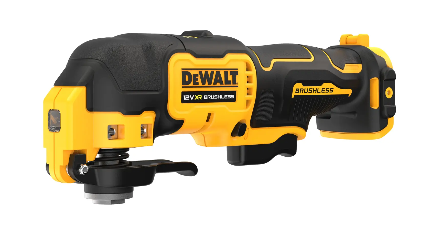 Multitool oscillante DEWALT 12V XR brushless giallo e nero, visto di lato, su sfondo bianco.