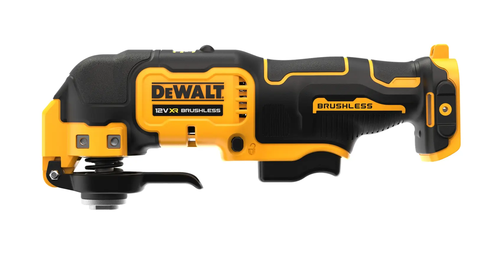 DEWALT DCS353N 12V XR multitool brushless, giallo e nero, vista laterale su sfondo bianco.