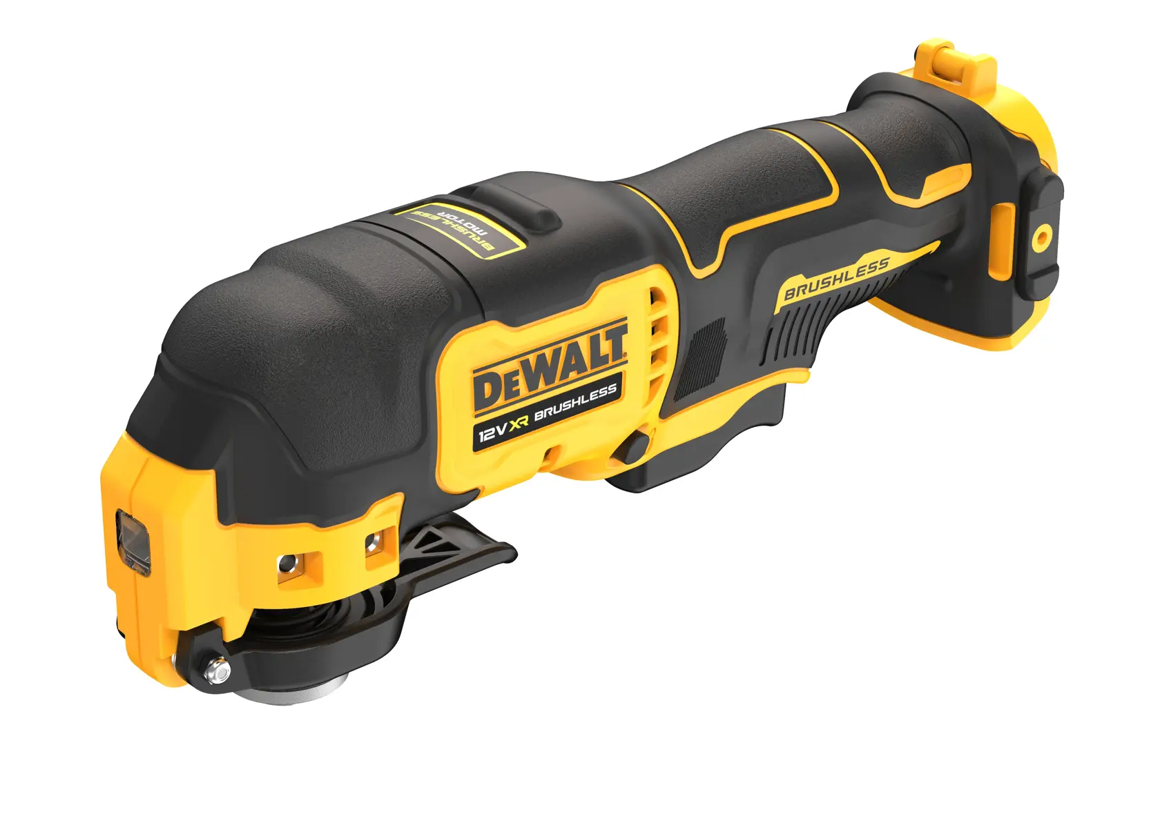Utensile multifunzione oscillante DEWALT, brushless, giallo e nero, su sfondo bianco.