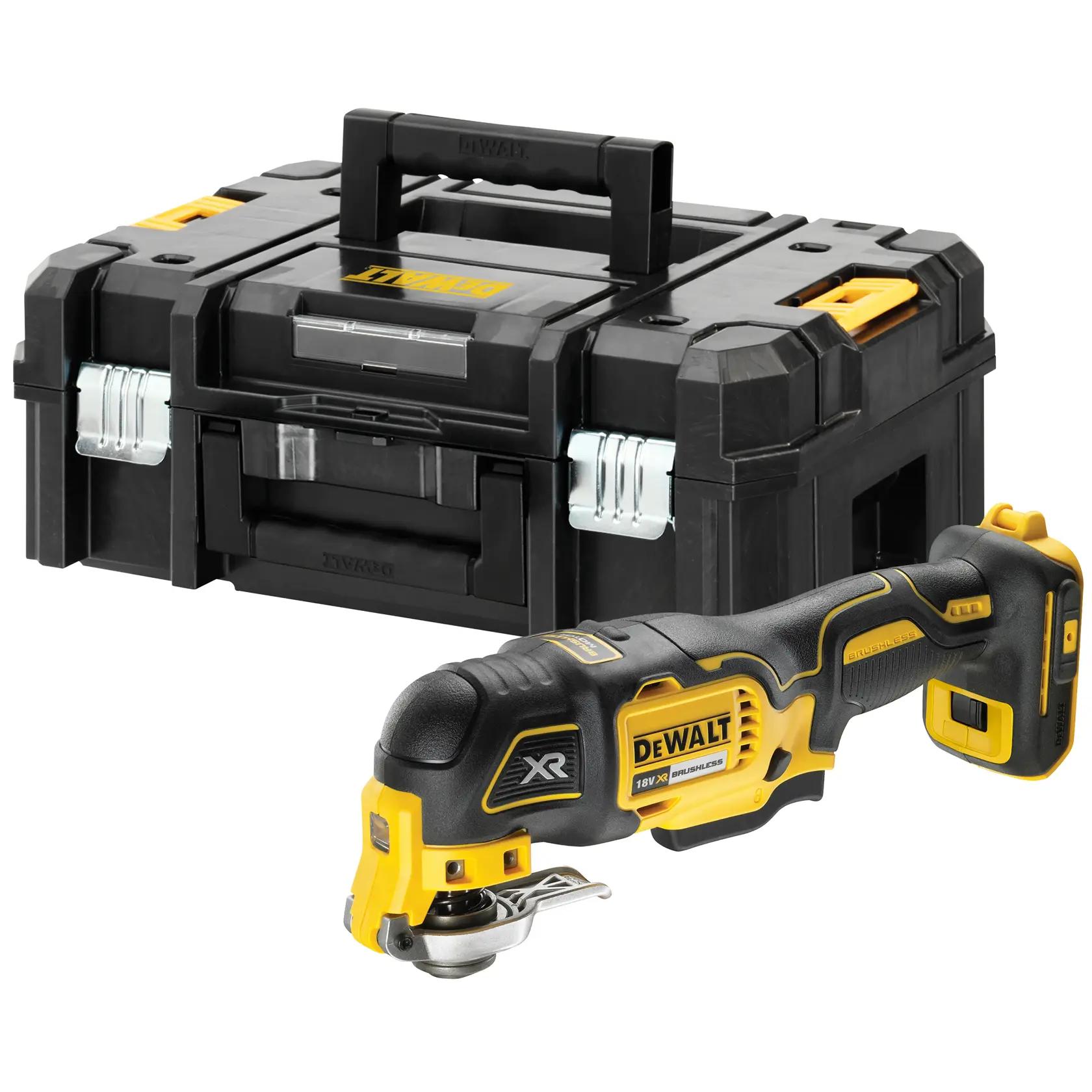 DEWALT DCS356NT multiutensile a batteria e robusta valigetta nera con dettagli gialli.