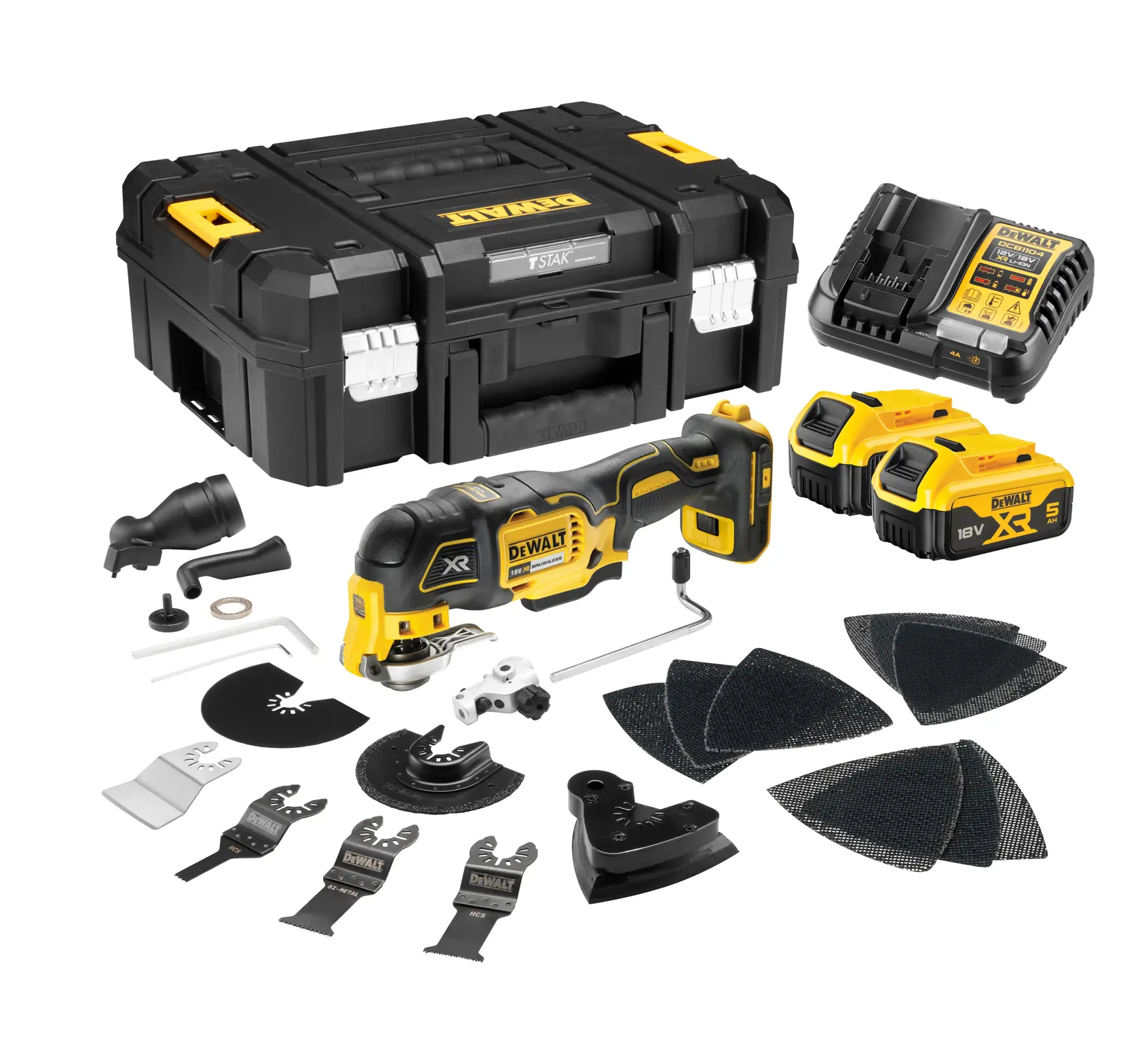 Kit multiutensile DEWALT cordless con valigetta, caricabatterie, due batterie, accessori e dischetti abrasivi.