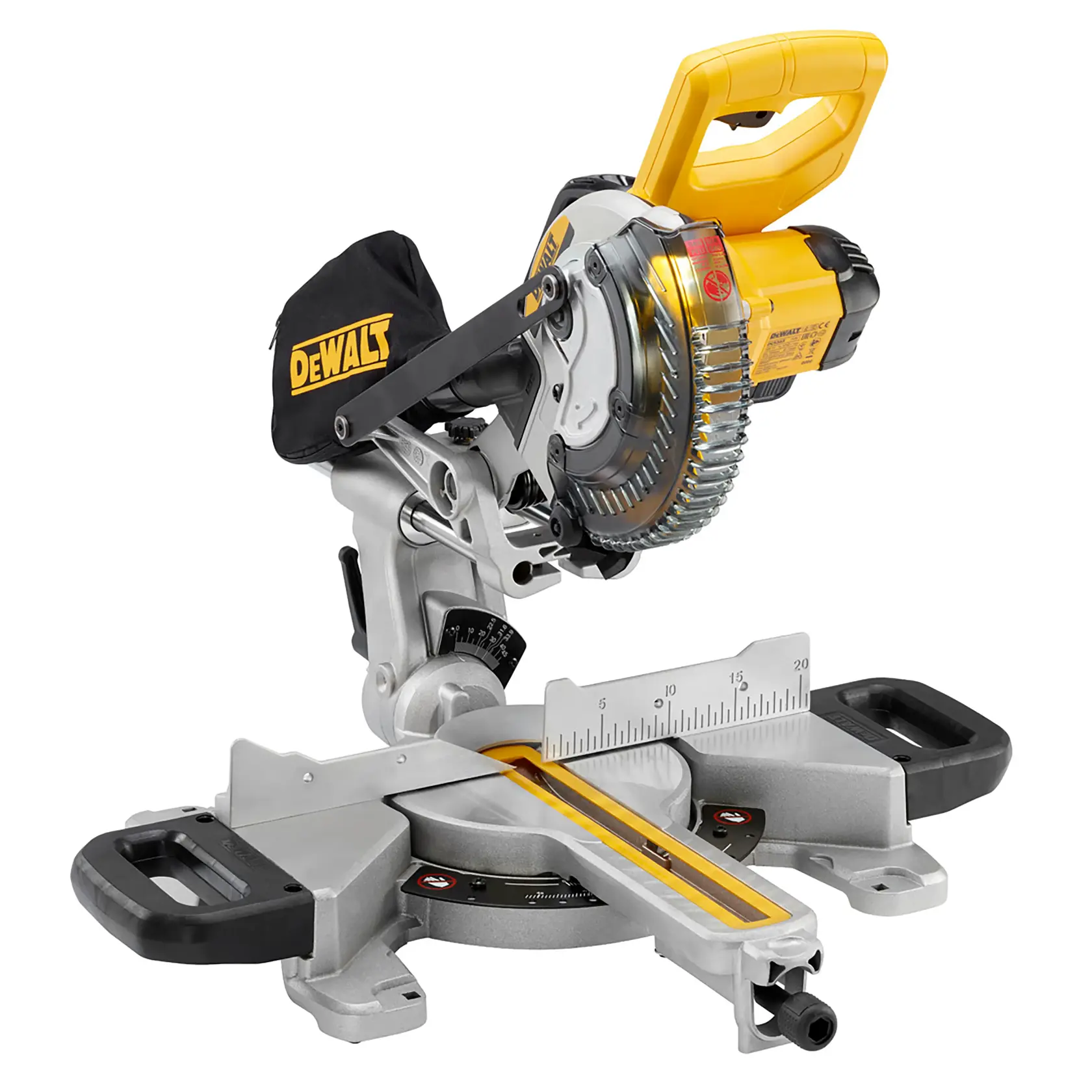 Sega a troncare DEWALT con manico giallo, sacchetto raccogli polvere e base di taglio regolabile con segni di misurazione.