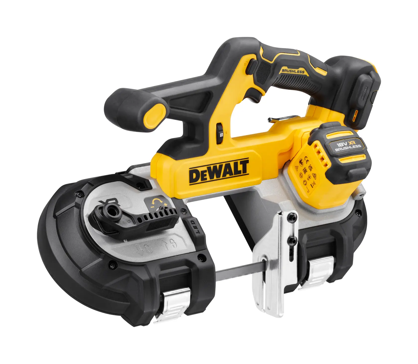 Sega a nastro per metalli compatta 18V Motore BRUSHLESS. 5 selezioni di velocità, con scatola di cartone senza batterie e caricabatterie.