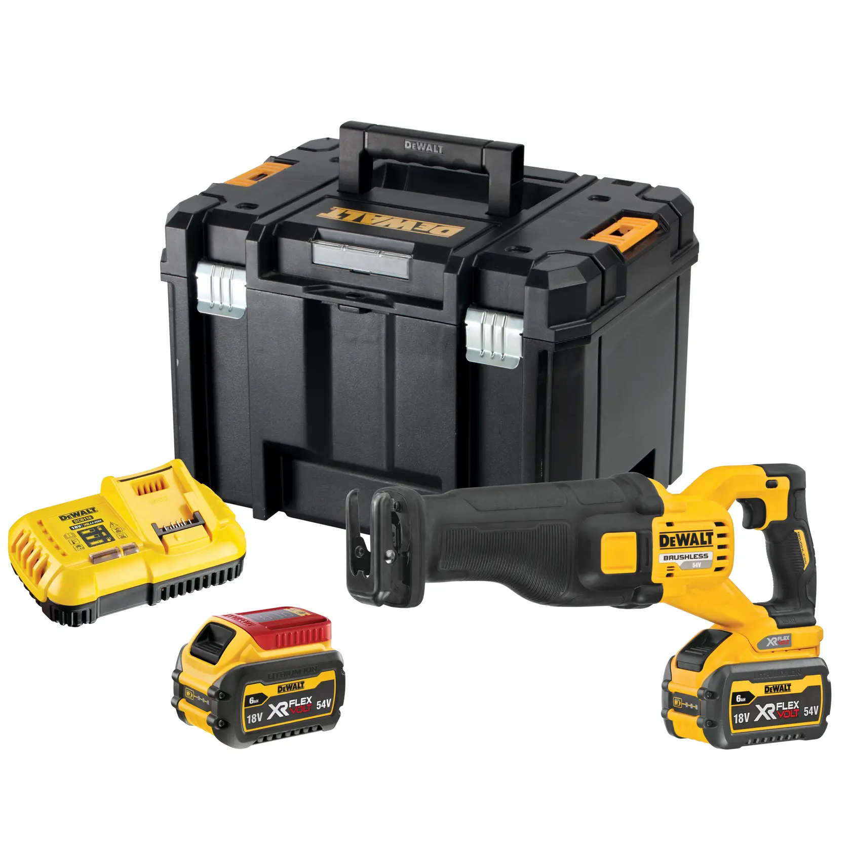 Set di seghetto alternativo cordless DEWALT, include un seghetto alternativo giallo e nero, due batterie XR FLEXVOLT, un caricabatterie e una resistente valigetta in plastica nera.