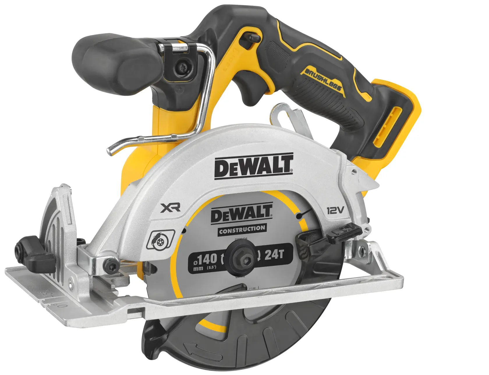 Una sega circolare a batteria DEWALT da 12V, modello DCS512N, con design compatto, impugnatura nera e gialla, protezione della lama argentata e lama per uso edile.