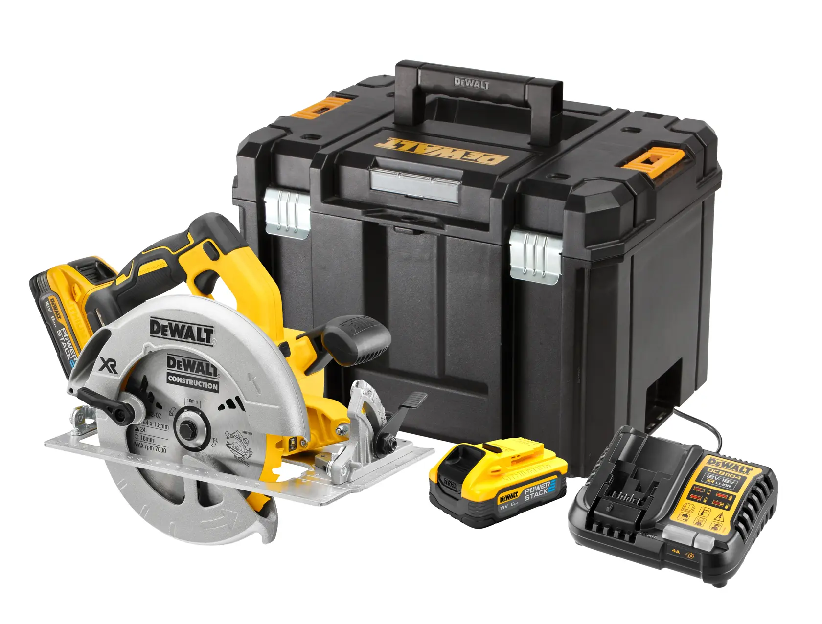 Un kit di sega circolare senza fili DEWALT è mostrato, comprendente una sega circolare gialla e nera, due batterie, un caricabatterie e una robusta valigetta nera.