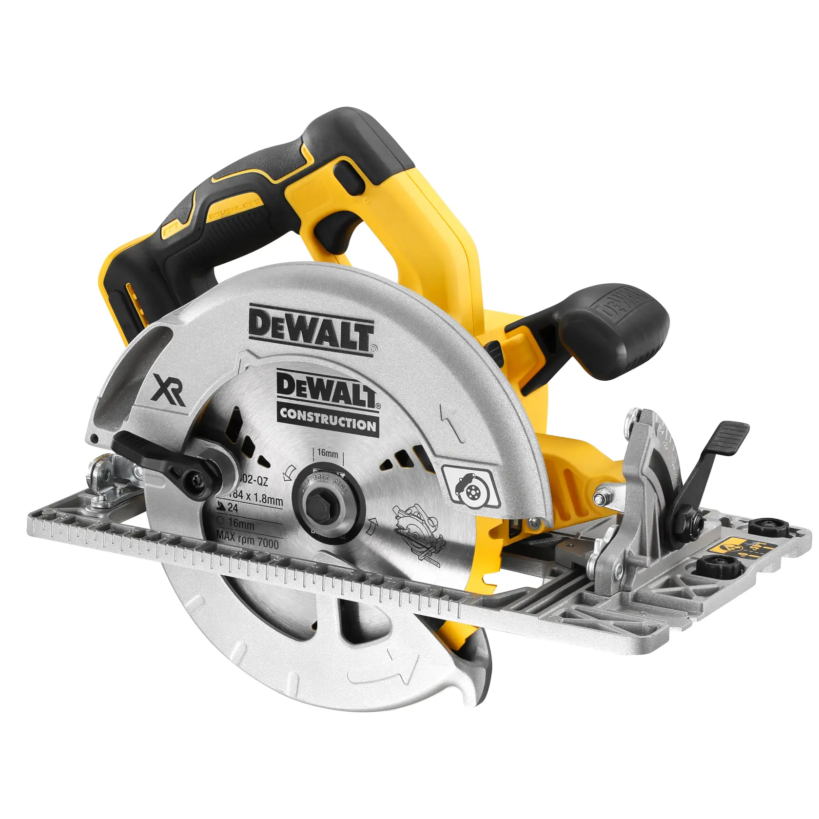 Sega circolare a batteria DEWALT DCS572NT, lame in metallo, design ergonomico giallo e nero, leva laterale.