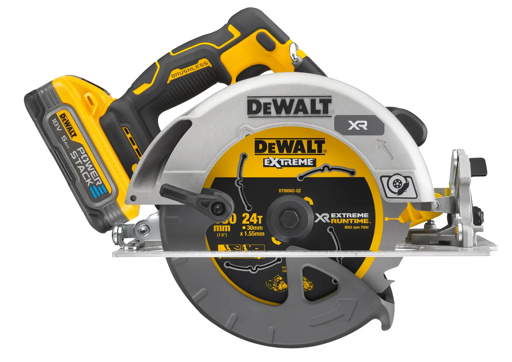Sega Circolare 18V Motore BRUSHLESS. 5500 giri/min., Ø lama/foro 190/30 mm, inclinazione testa 57°, Max profondità di taglio 90°/45° pari a 67/45 mm