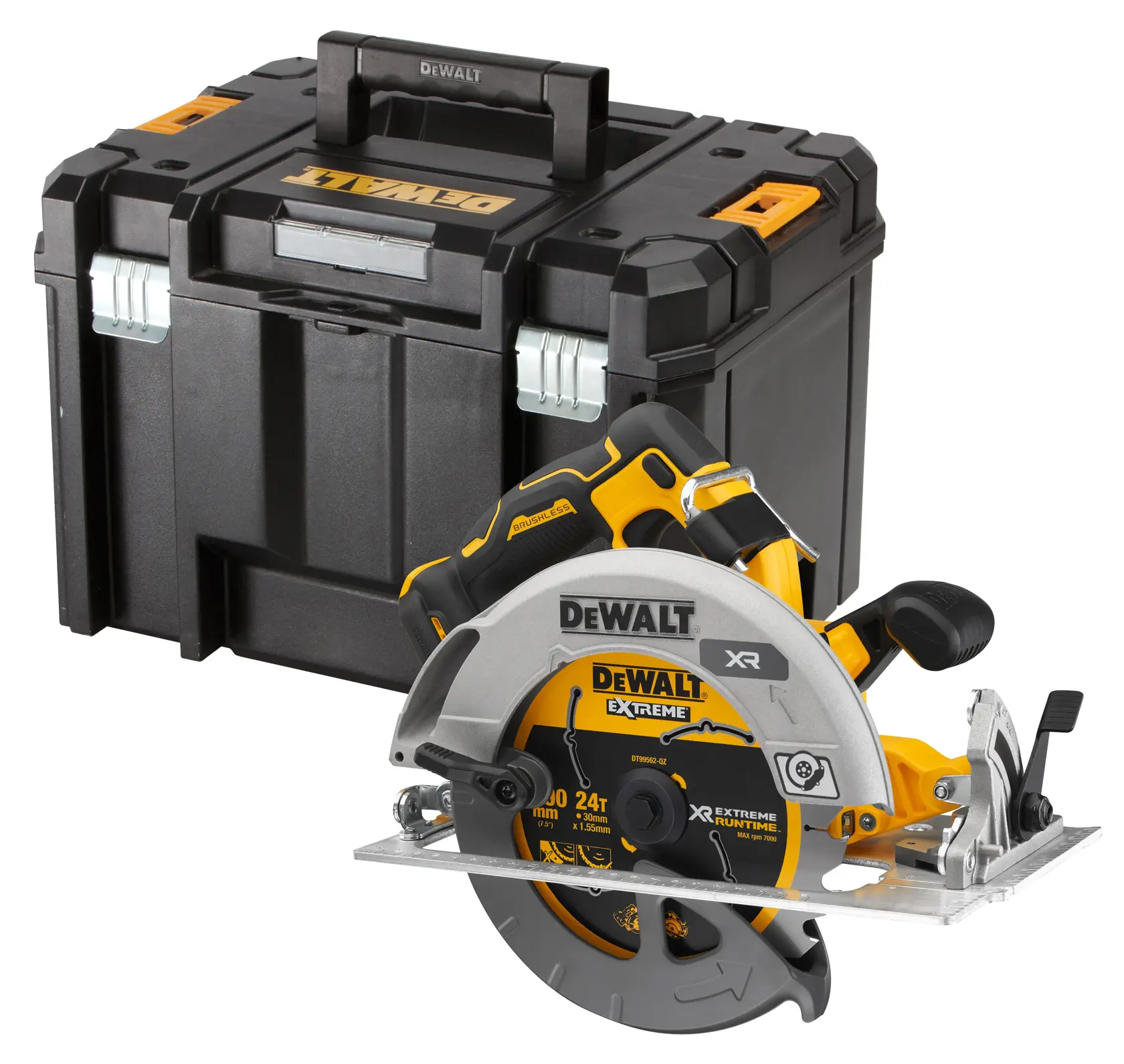 Sega circolare DEWALT senza fili e valigetta nera robusta insieme su sfondo bianco.
