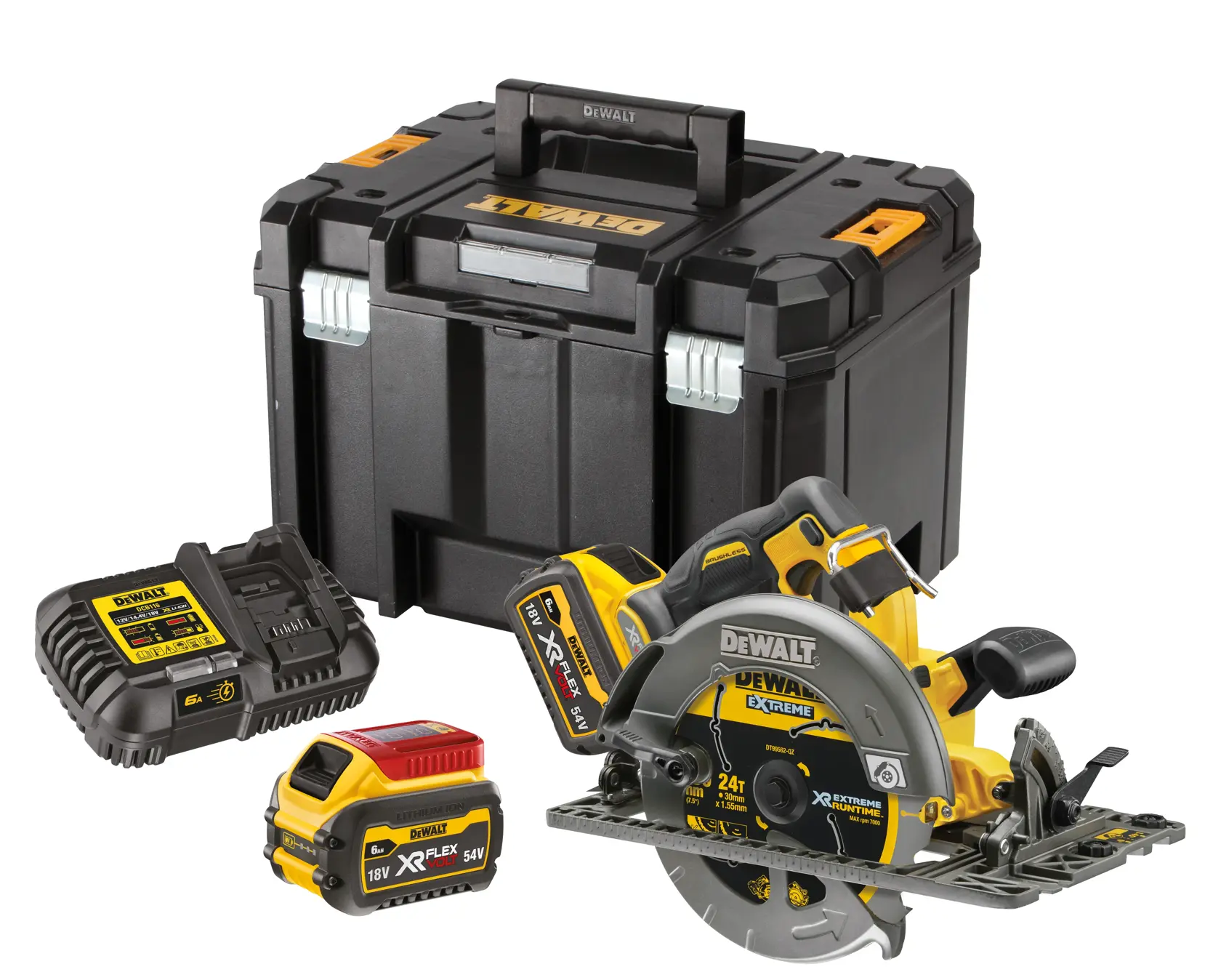 Logo DEWALT centrato su sfondo bianco.
