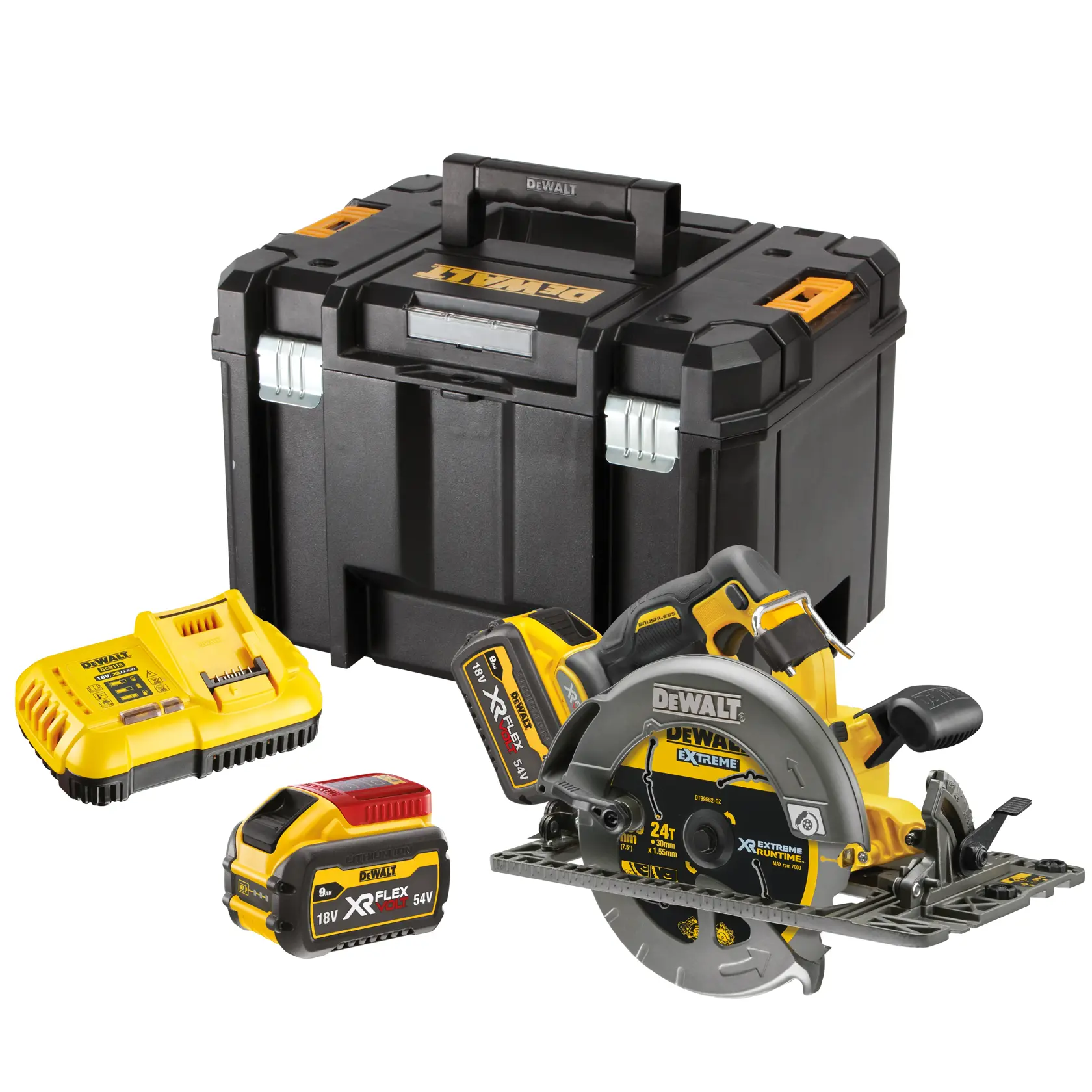 Set sega circolare DEWALT a batteria con valigetta, caricatore e batterie su sfondo bianco.