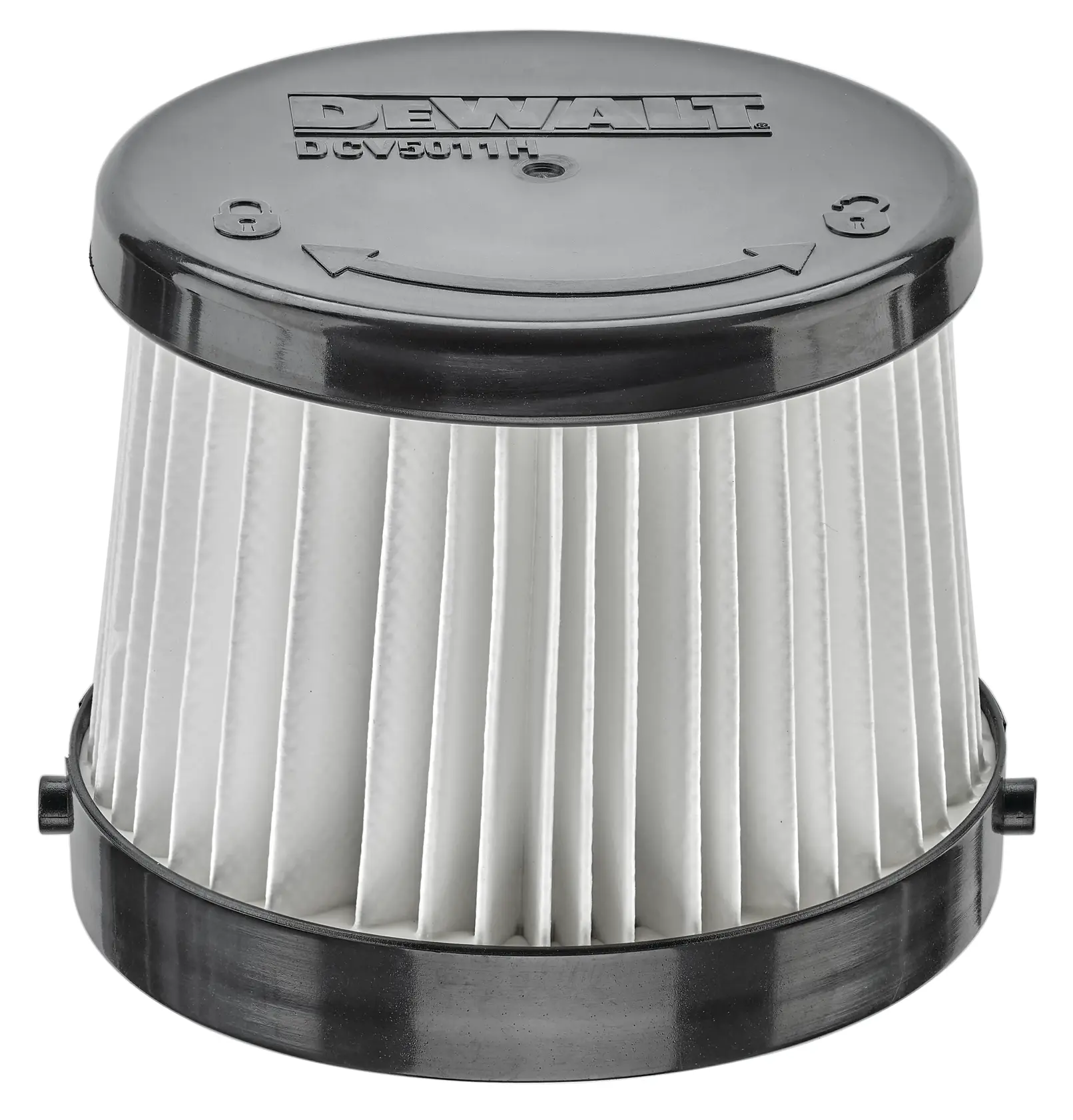 Un filtro per aspirapolvere cilindrico a pieghe DEWALT DCV5011H con parte superiore e inferiore in plastica nera, progettato per l'uso negli aspirapolvere DEWALT.