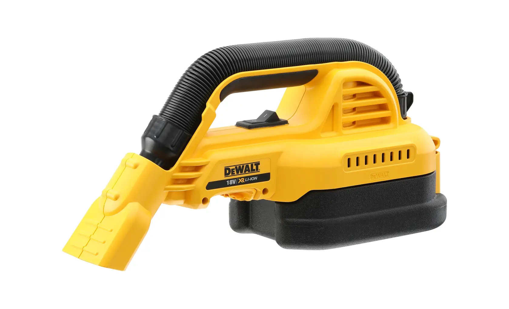 Aspirapolvere portatile DEWALT DCV517N giallo con tubo flessibile, su sfondo bianco.